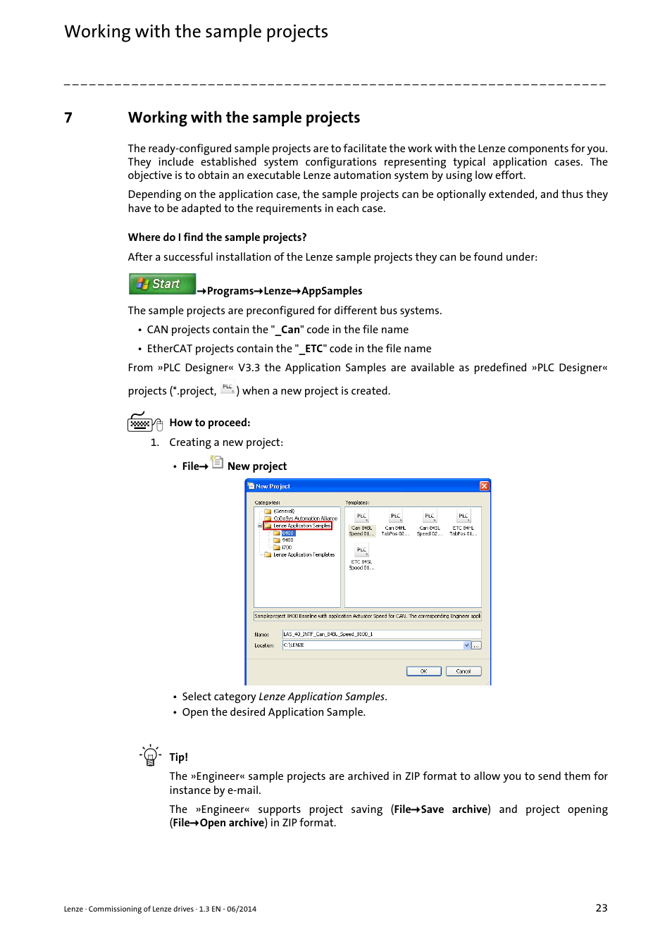 7 working with the sample projects, Working with the sample projects, 7working with the sample projects | Lenze PLC Designer R3-x User Manual | Page 23 / 159