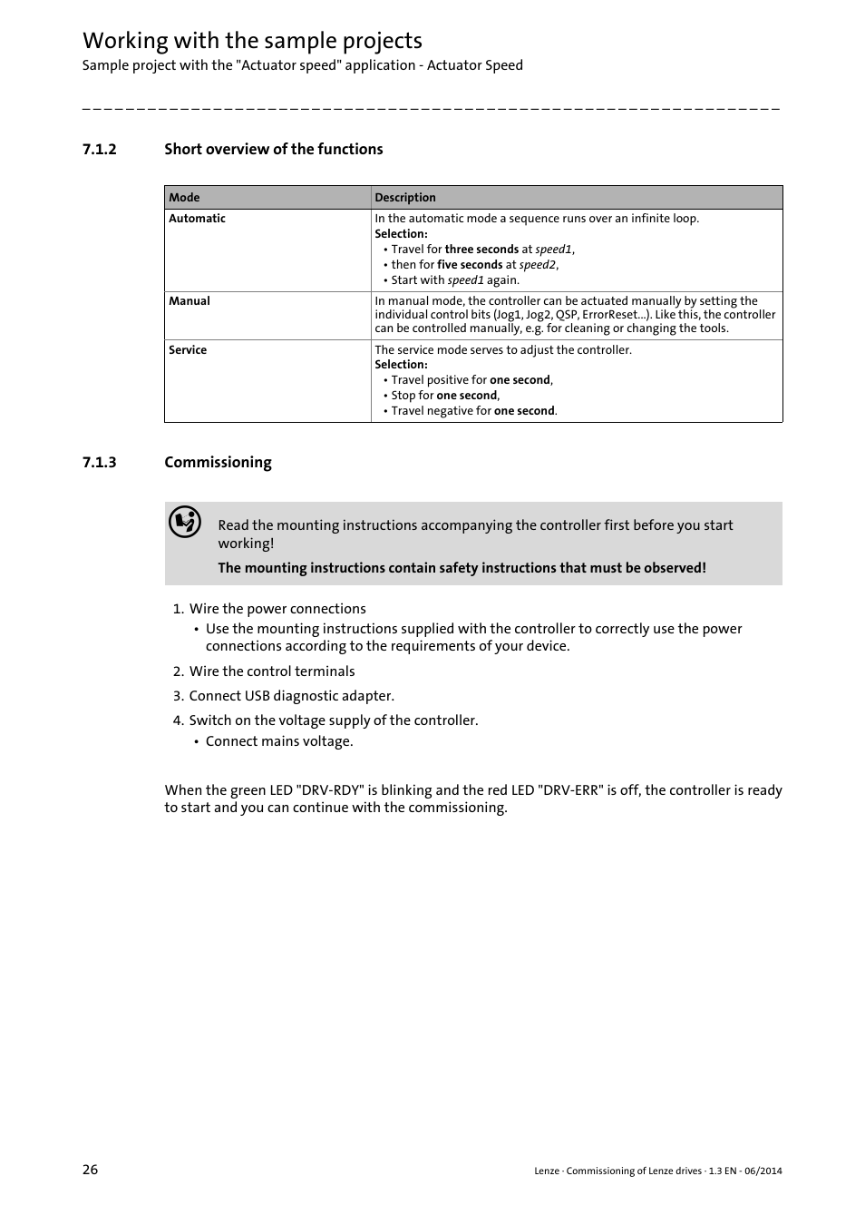 2 short overview of the functions, 3 commissioning, Commissioning | Working with the sample projects | Lenze PLC Designer R3-x User Manual | Page 26 / 159