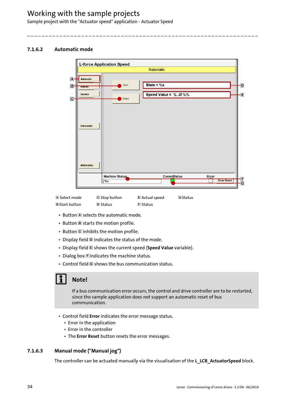 2 automatic mode, 3 manual mode ("manual jog"), Automatic mode | Manual mode ("manual jog"), Working with the sample projects | Lenze PLC Designer R3-x User Manual | Page 34 / 159