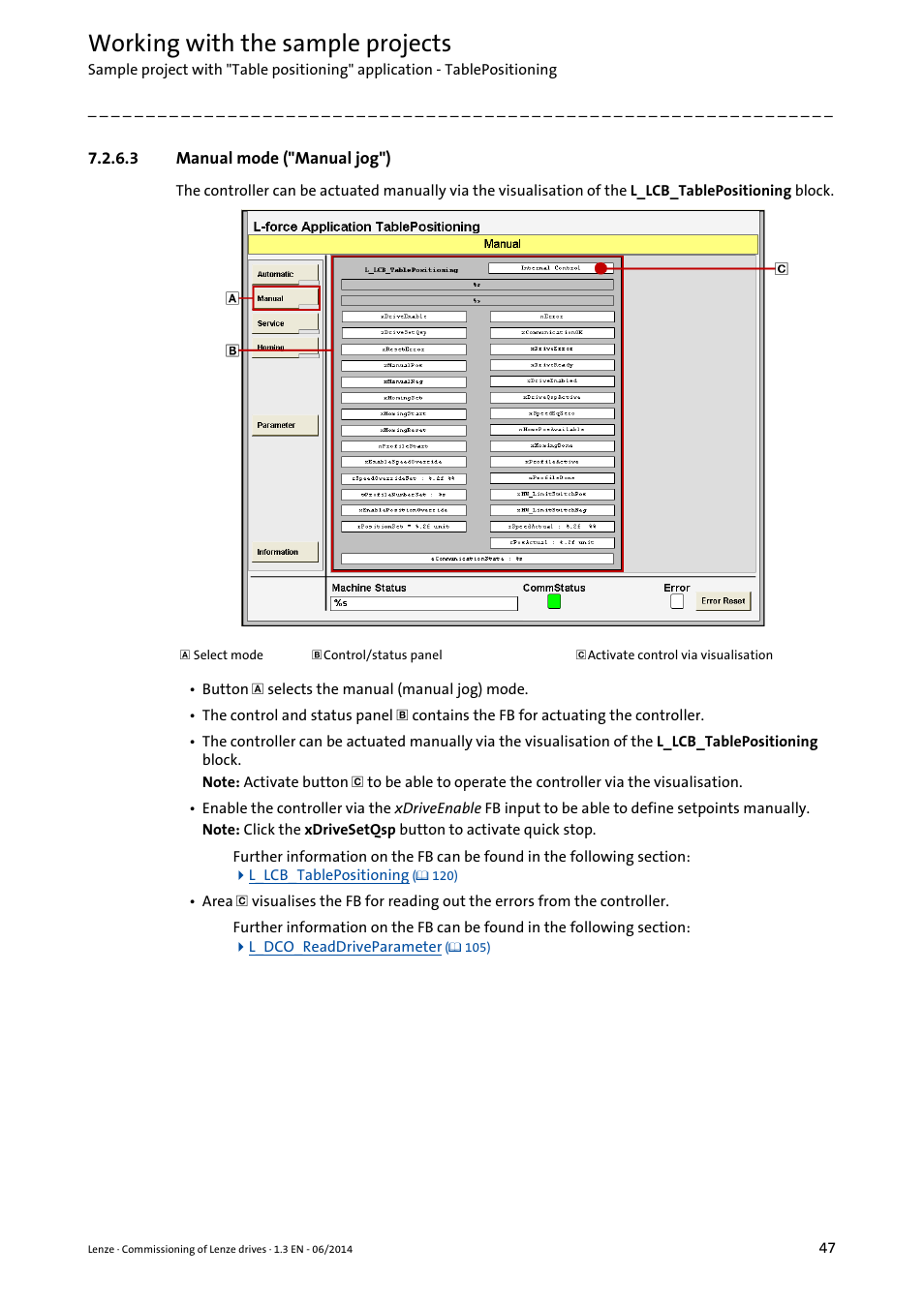 3 manual mode ("manual jog"), Manual mode ("manual jog"), Working with the sample projects | Lenze PLC Designer R3-x User Manual | Page 47 / 159