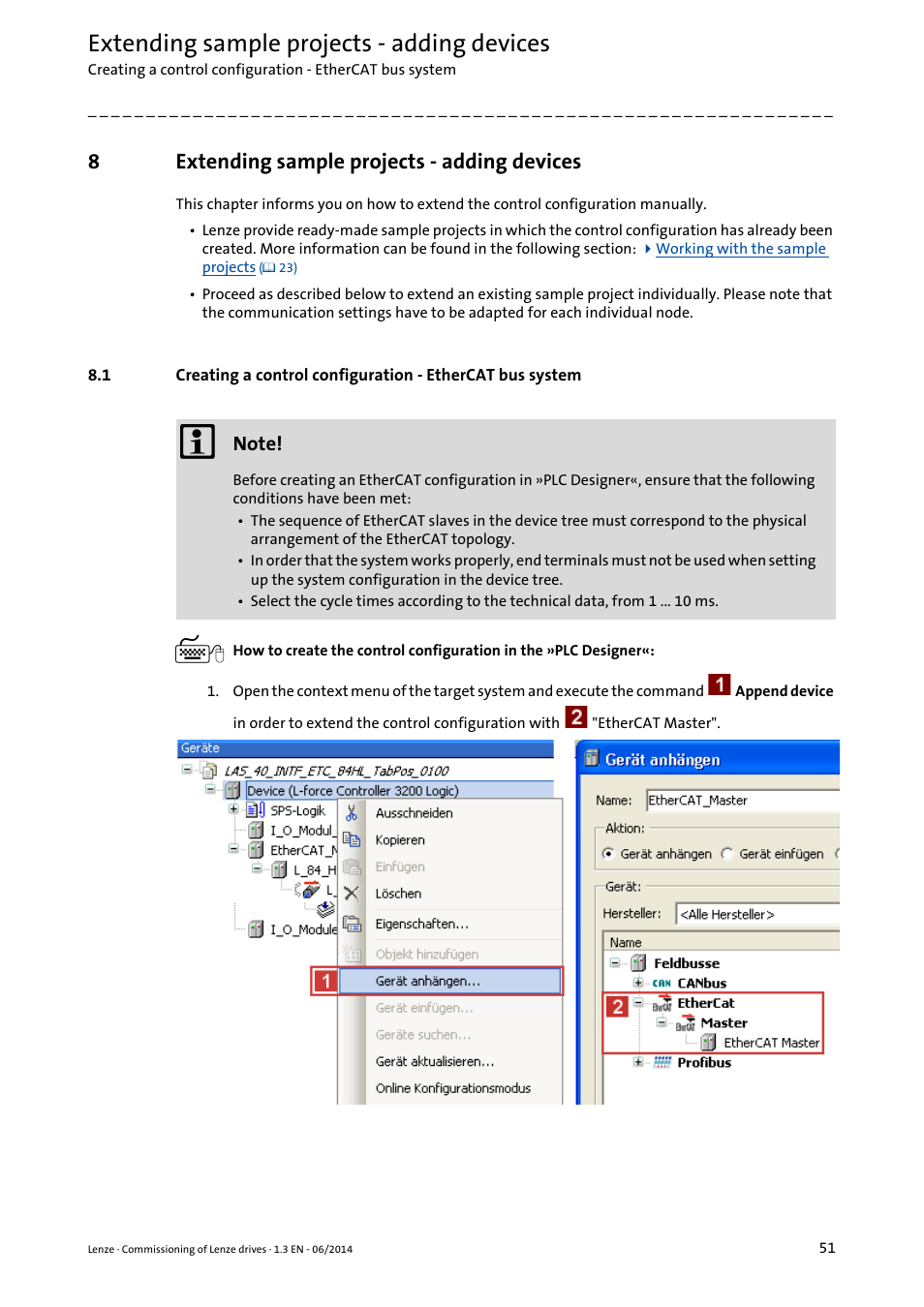 8 extending sample projects - adding devices, Extending sample projects - adding devices, Owing section | 8extending sample projects - adding devices | Lenze PLC Designer R3-x User Manual | Page 51 / 159