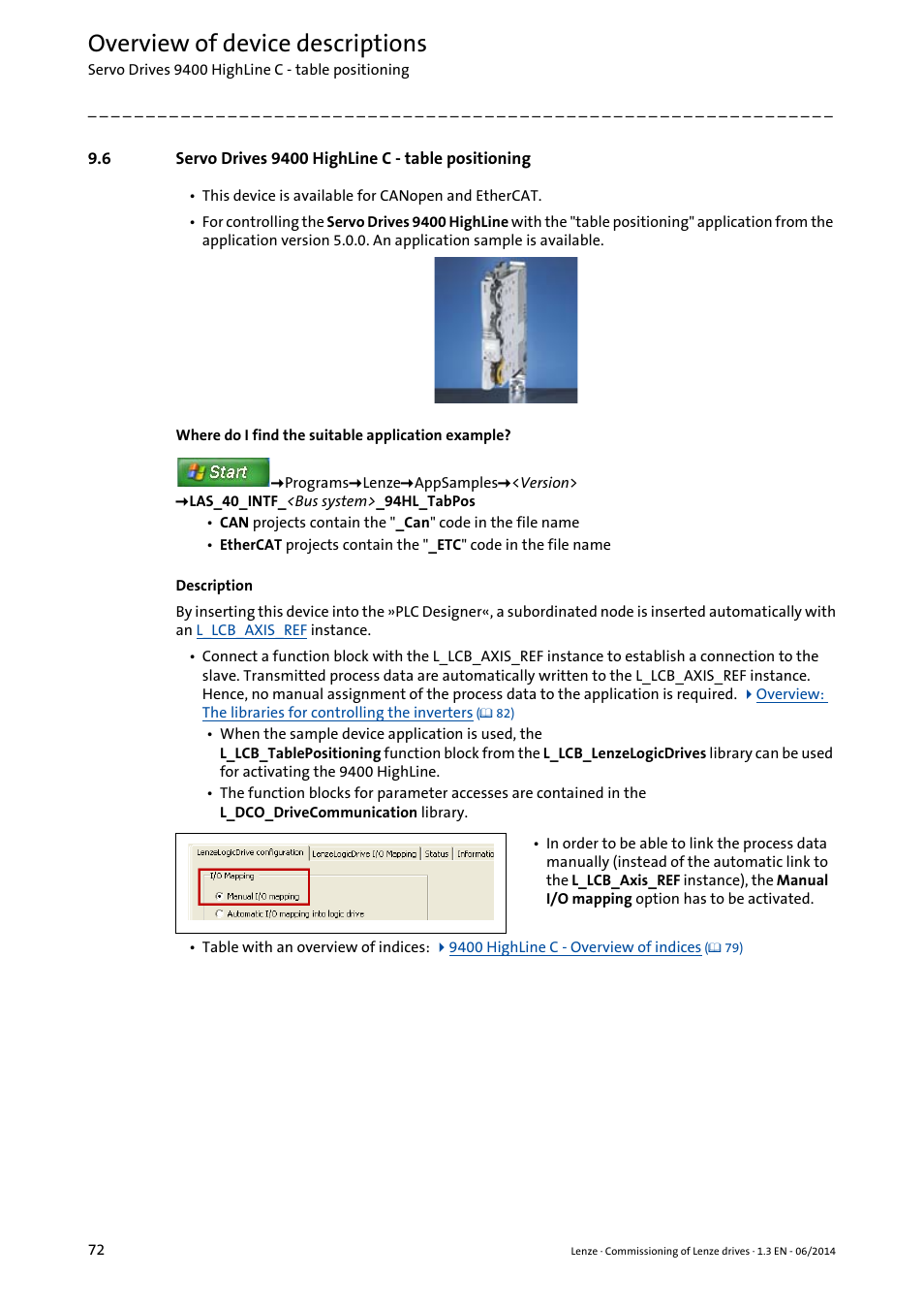 6 servo drives 9400 highline c - table positioning, Overview of device descriptions | Lenze PLC Designer R3-x User Manual | Page 72 / 159
