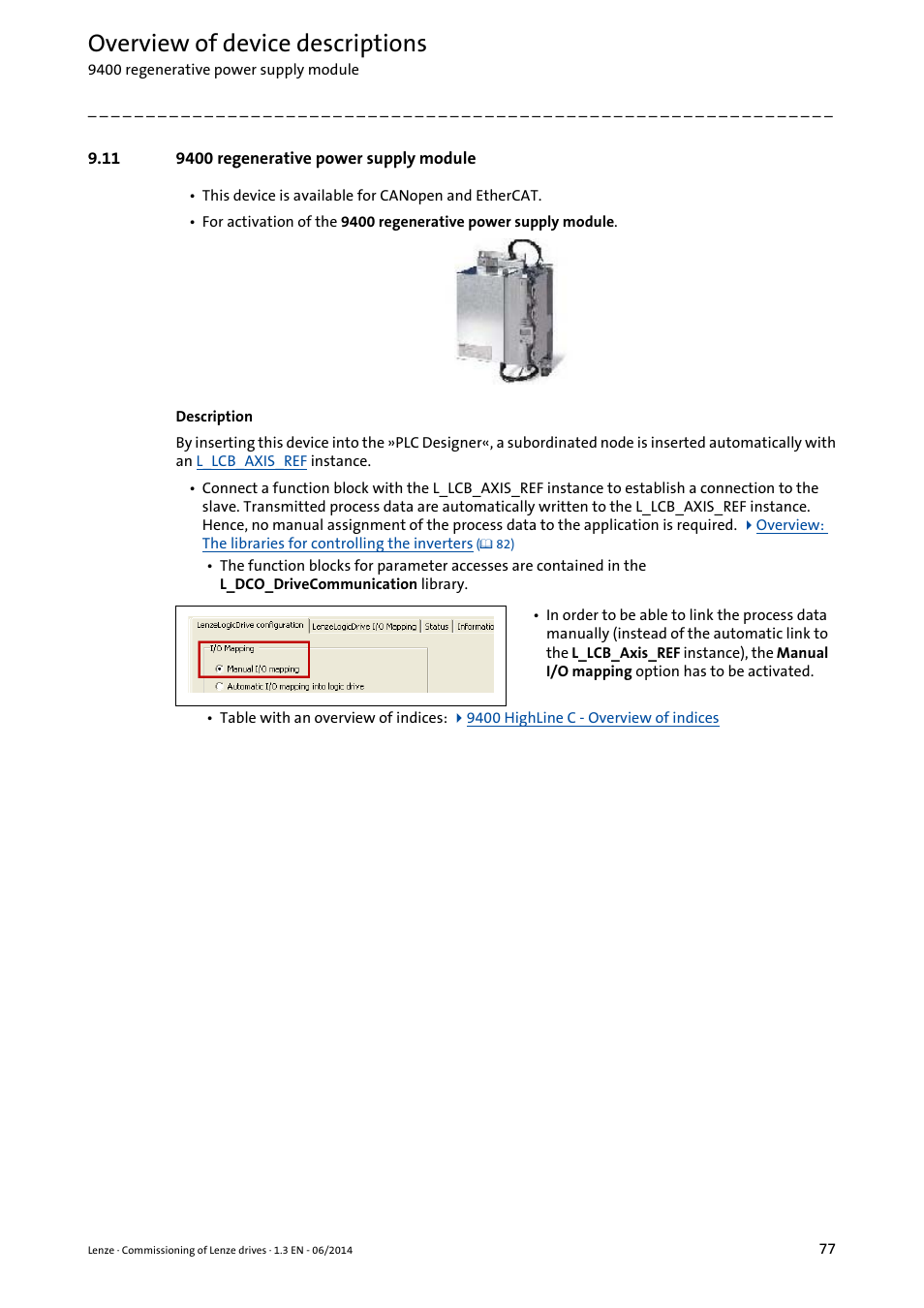 11 9400 regenerative power supply module, Overview of device descriptions | Lenze PLC Designer R3-x User Manual | Page 77 / 159