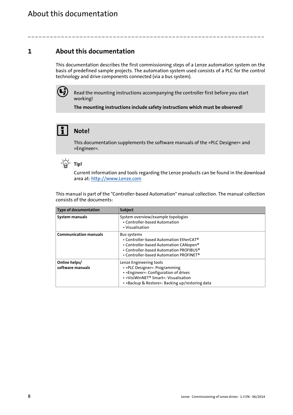 1 about this documentation, About this documentation, 1about this documentation | Lenze PLC Designer R3-x User Manual | Page 8 / 159