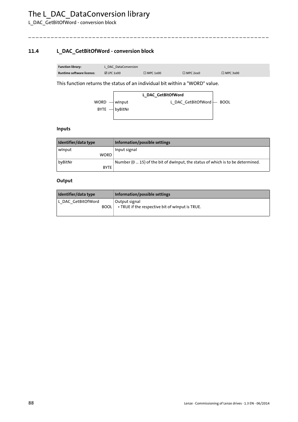 4 l_dac_getbitofword - conversion block, L_dac_getbitofword - conversion block ( 88), The l_dac_dataconversion library | Lenze PLC Designer R3-x User Manual | Page 88 / 159