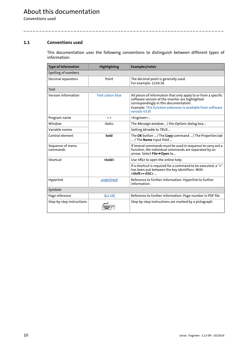 1 conventions used, Conventions used, About this documentation | Lenze Engineer v2.21 User Manual | Page 10 / 312
