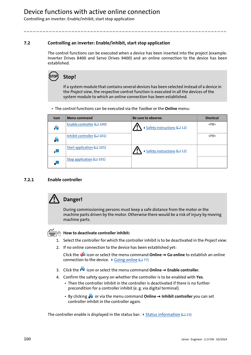 1 enable controller, Enable controller, Enable controller ( 100) | Device functions with active online connection | Lenze Engineer v2.21 User Manual | Page 100 / 312