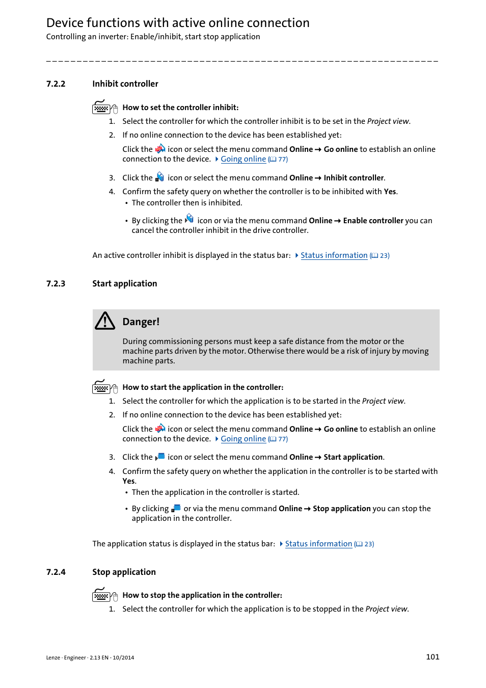 2 inhibit controller, 3 start application, 4 stop application | Inhibit controller, Start application, Stop application, Inhibit controller ( 101), Start application ( 101), Stop application ( 101), Device functions with active online connection | Lenze Engineer v2.21 User Manual | Page 101 / 312