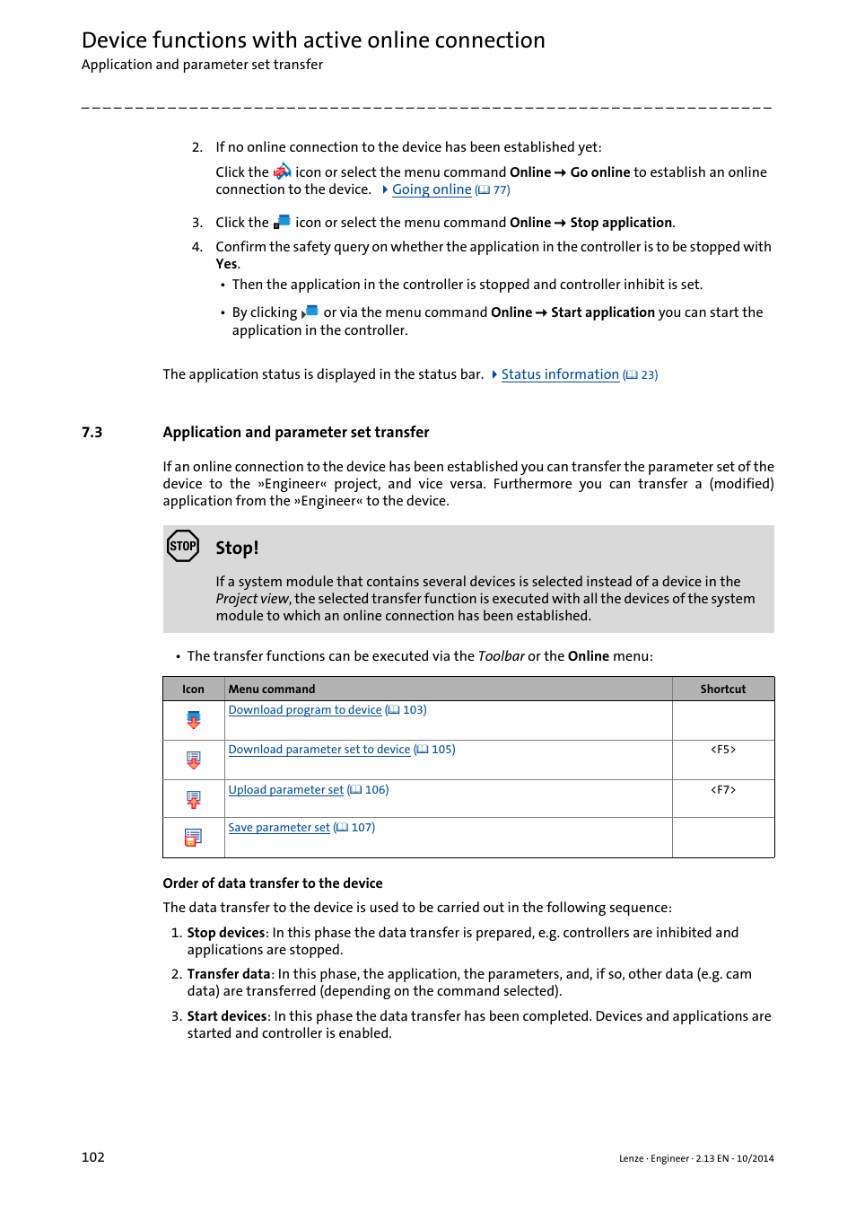 3 application and parameter set transfer, Application and parameter set transfer, Application and parameter set transfer ( 102) | Device functions with active online connection, Stop | Lenze Engineer v2.21 User Manual | Page 102 / 312