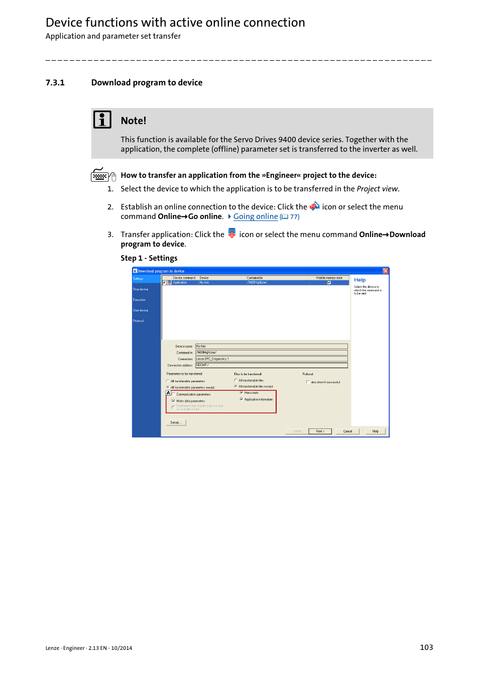 1 download program to device, Download program to device, Download program to device ( 103) | Device functions with active online connection | Lenze Engineer v2.21 User Manual | Page 103 / 312