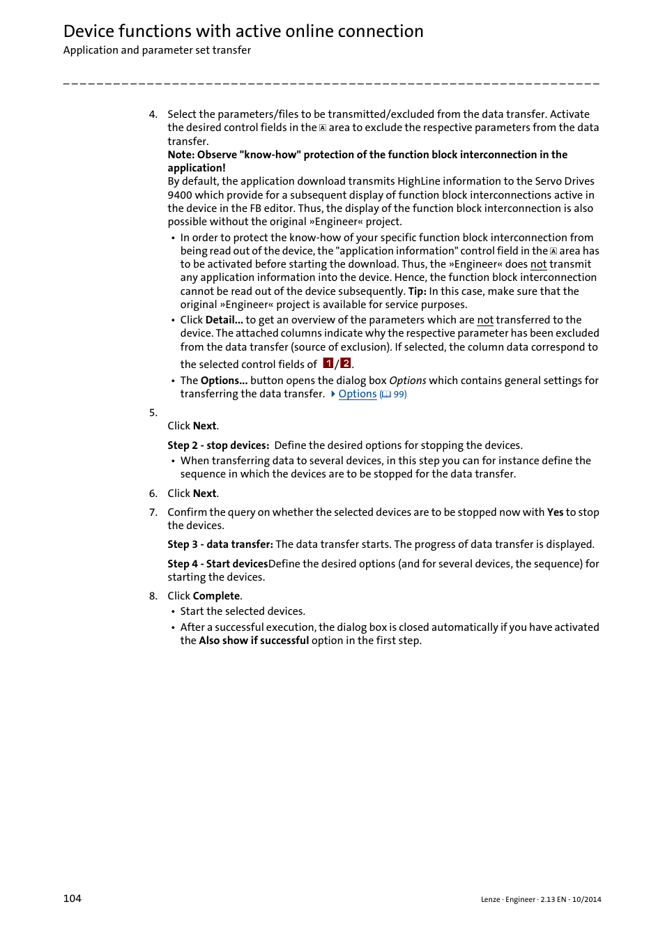 Device functions with active online connection | Lenze Engineer v2.21 User Manual | Page 104 / 312