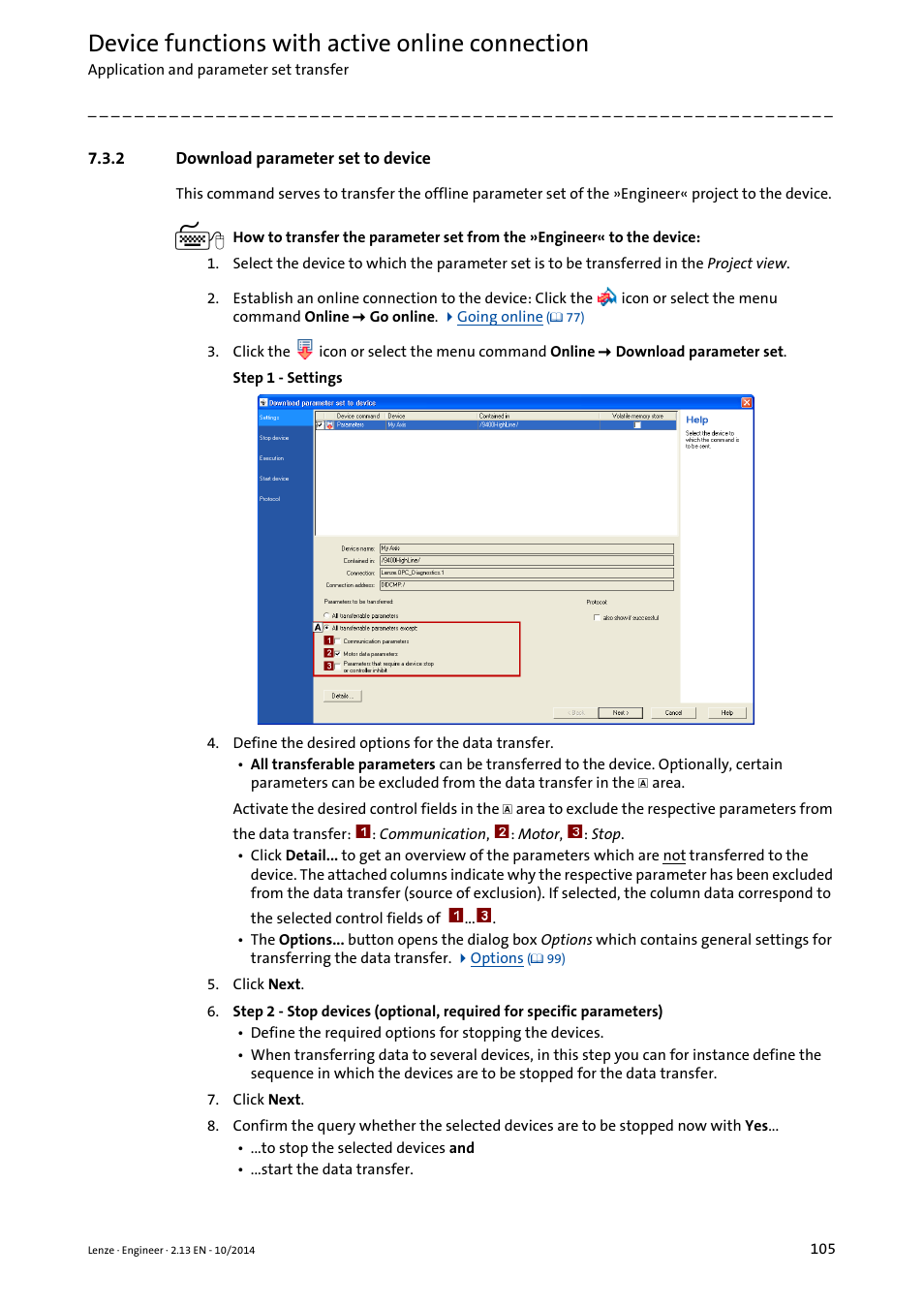 2 download parameter set to device, Download parameter set to device, Download parameter set to device ( 105) | Device functions with active online connection | Lenze Engineer v2.21 User Manual | Page 105 / 312