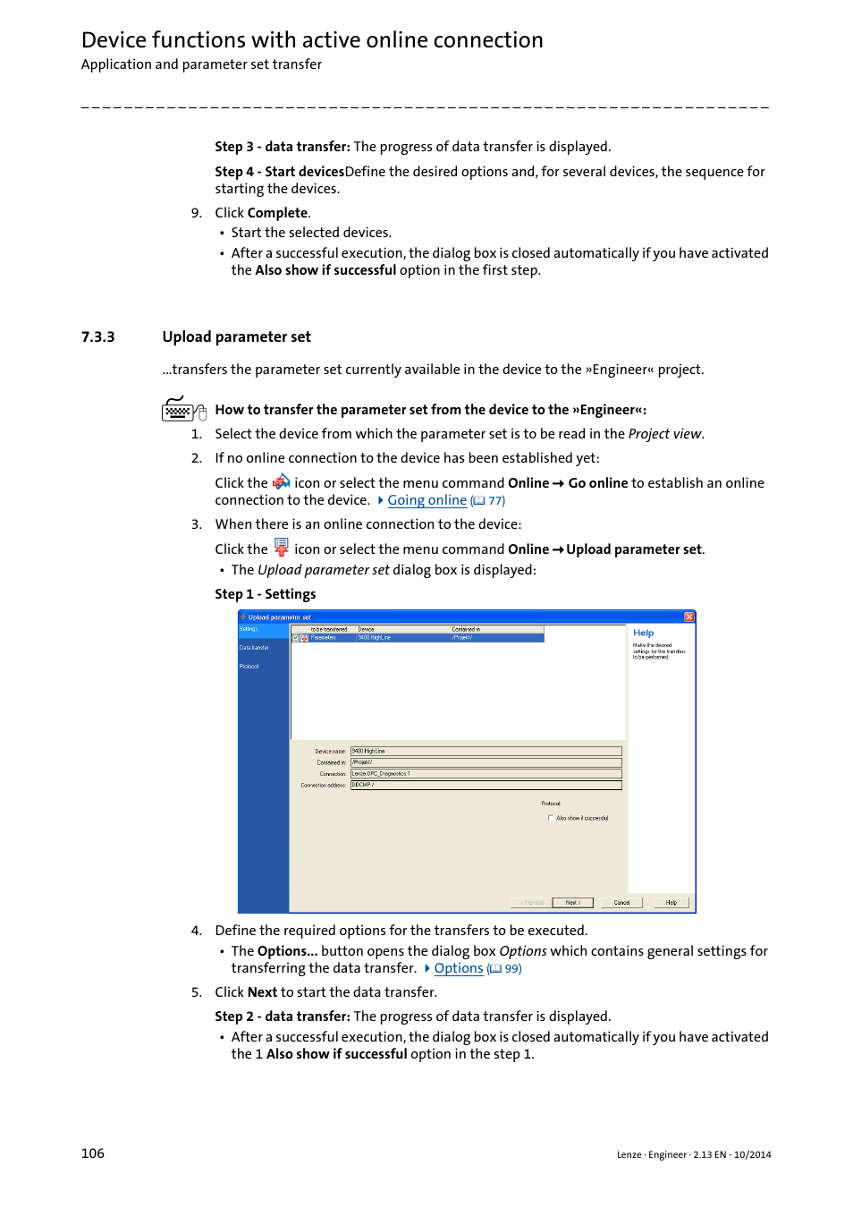 3 upload parameter set, Upload parameter set, Upload parameter set ( 106) | Device functions with active online connection | Lenze Engineer v2.21 User Manual | Page 106 / 312