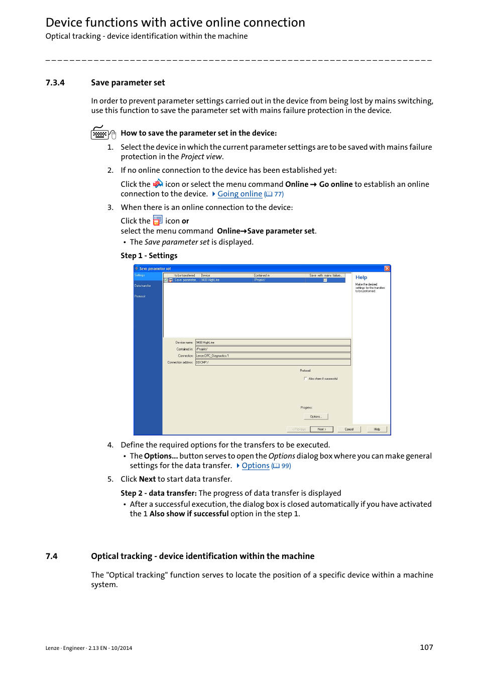 4 save parameter set, Save parameter set, Save parameter set ( 107) | Device functions with active online connection | Lenze Engineer v2.21 User Manual | Page 107 / 312