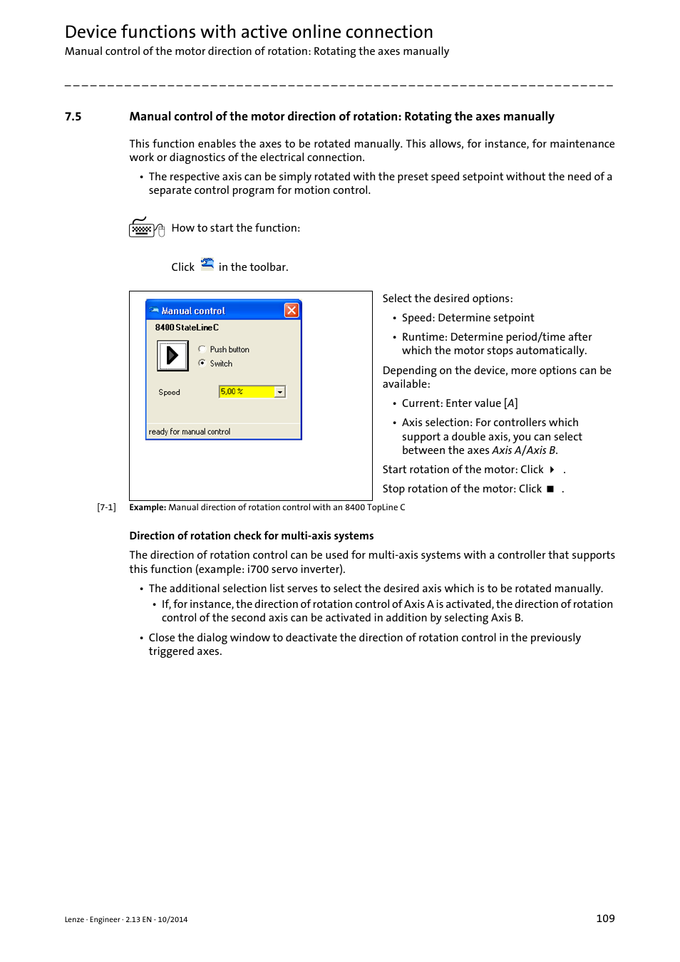 Manual control of the, Device functions with active online connection | Lenze Engineer v2.21 User Manual | Page 109 / 312