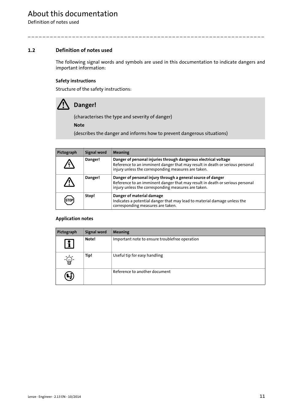 2 definition of notes used, Definition of notes used, About this documentation | Lenze Engineer v2.21 User Manual | Page 11 / 312