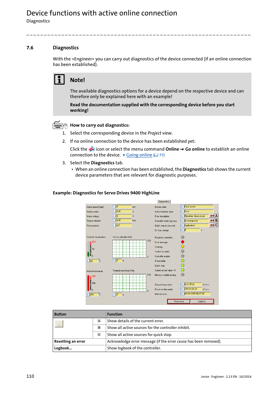 6 diagnostics, Diagnostics, Diagnostics ( 110) | Device functions with active online connection | Lenze Engineer v2.21 User Manual | Page 110 / 312