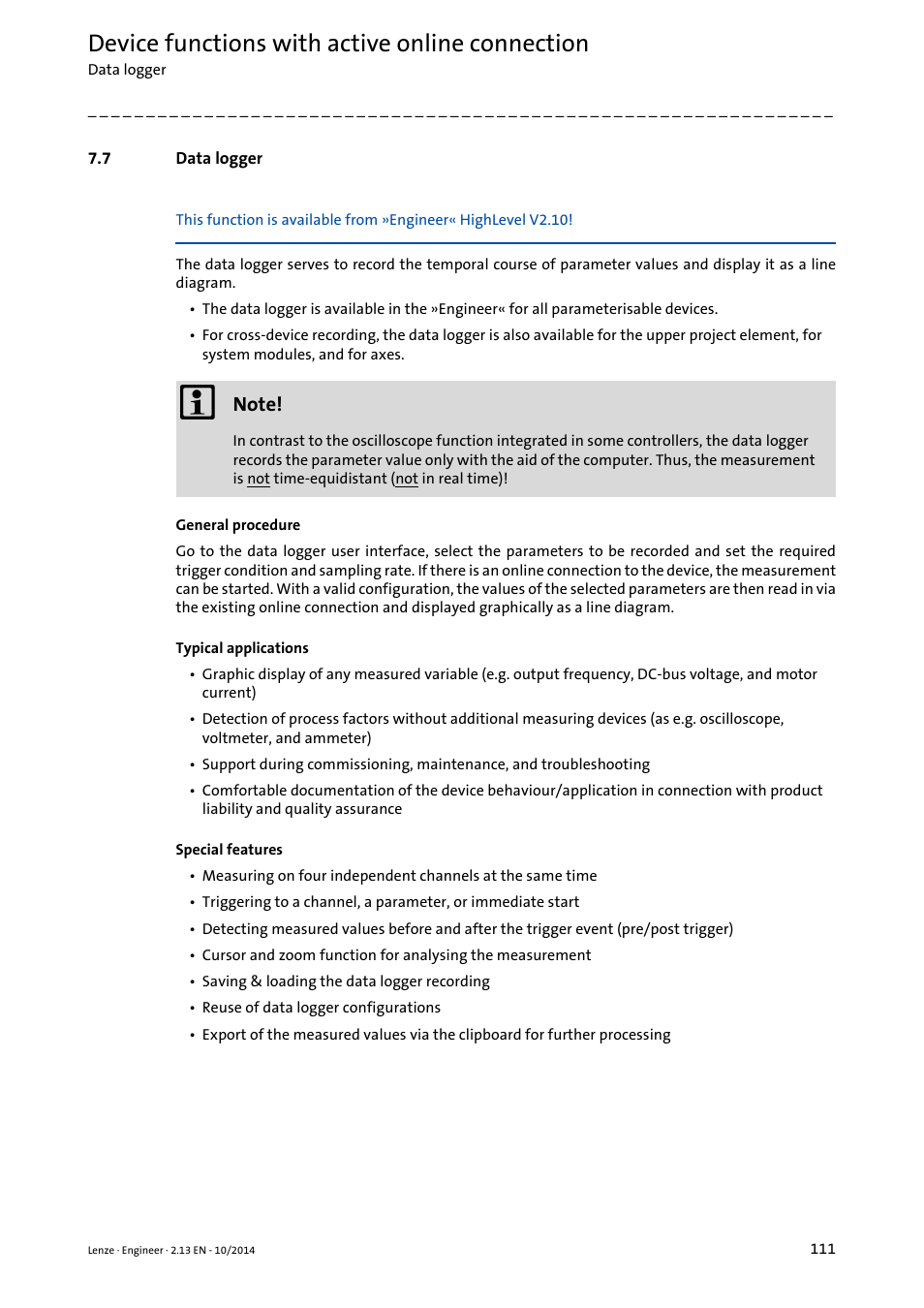 7 data logger, Data logger, Data logger ( 111) | Device functions with active online connection | Lenze Engineer v2.21 User Manual | Page 111 / 312