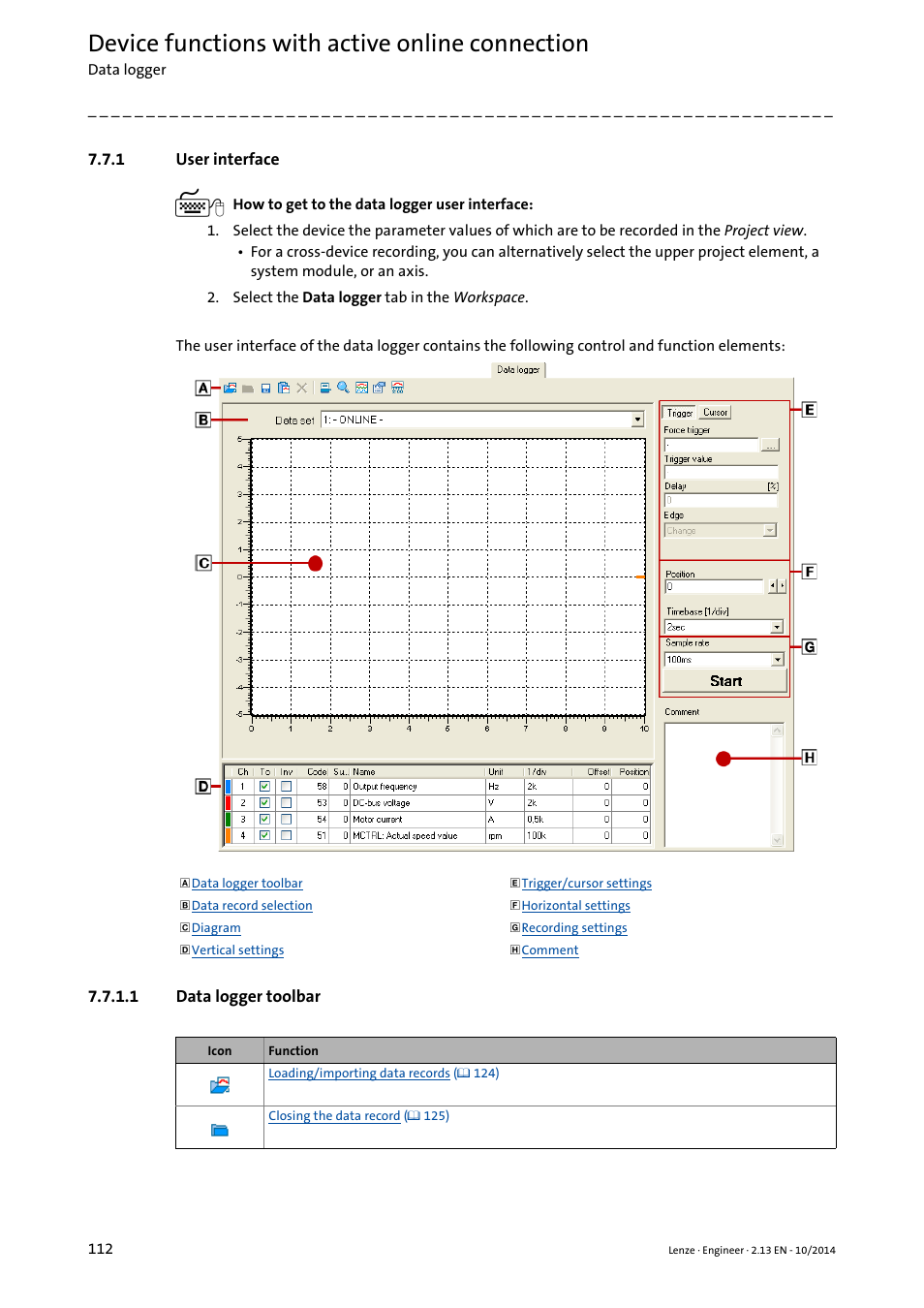 1 user interface, 1 data logger toolbar, User interface | Data logger toolbar, Device functions with active online connection | Lenze Engineer v2.21 User Manual | Page 112 / 312