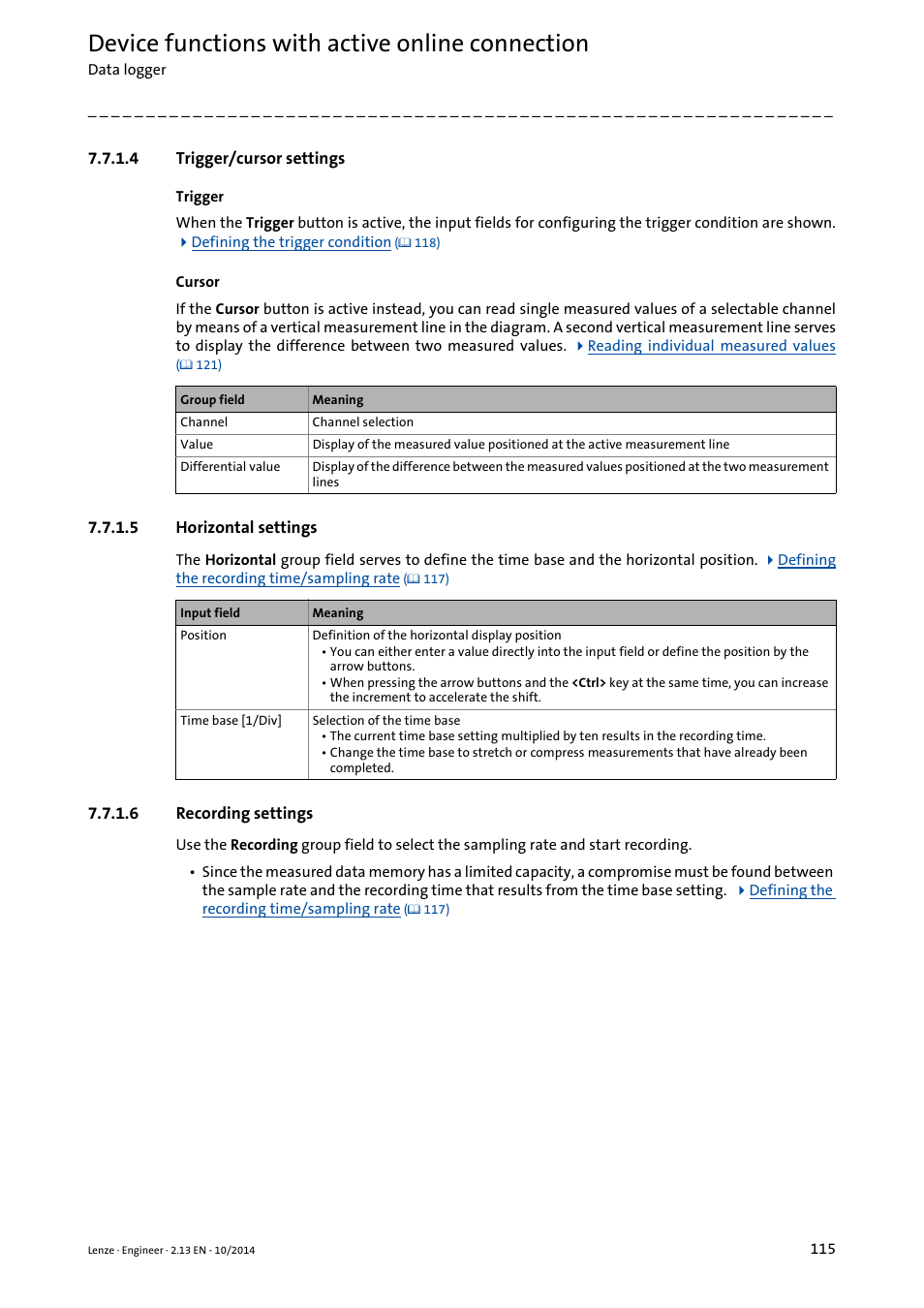 4 trigger/cursor settings, 5 horizontal settings, 6 recording settings | Trigger/cursor settings, Horizontal settings, Recording settings, Device functions with active online connection | Lenze Engineer v2.21 User Manual | Page 115 / 312