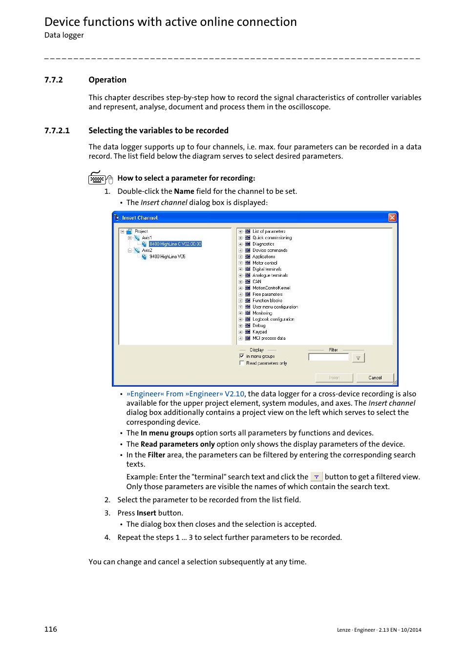 2 operation, 1 selecting the variables to be recorded, Operation | Selecting the variables to be recorded, Device functions with active online connection | Lenze Engineer v2.21 User Manual | Page 116 / 312