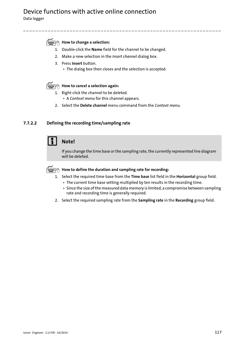 2 defining the recording time/sampling rate, Defining the recording time/sampling rate, Defining | The recording time/sampling rate, Defining the, Recording time/sampling rate, Device functions with active online connection | Lenze Engineer v2.21 User Manual | Page 117 / 312