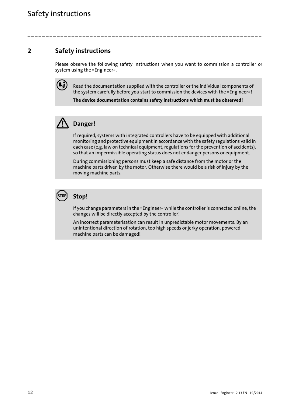 2 safety instructions, Safety instructions, Safety instructions ( 12) | Lenze Engineer v2.21 User Manual | Page 12 / 312