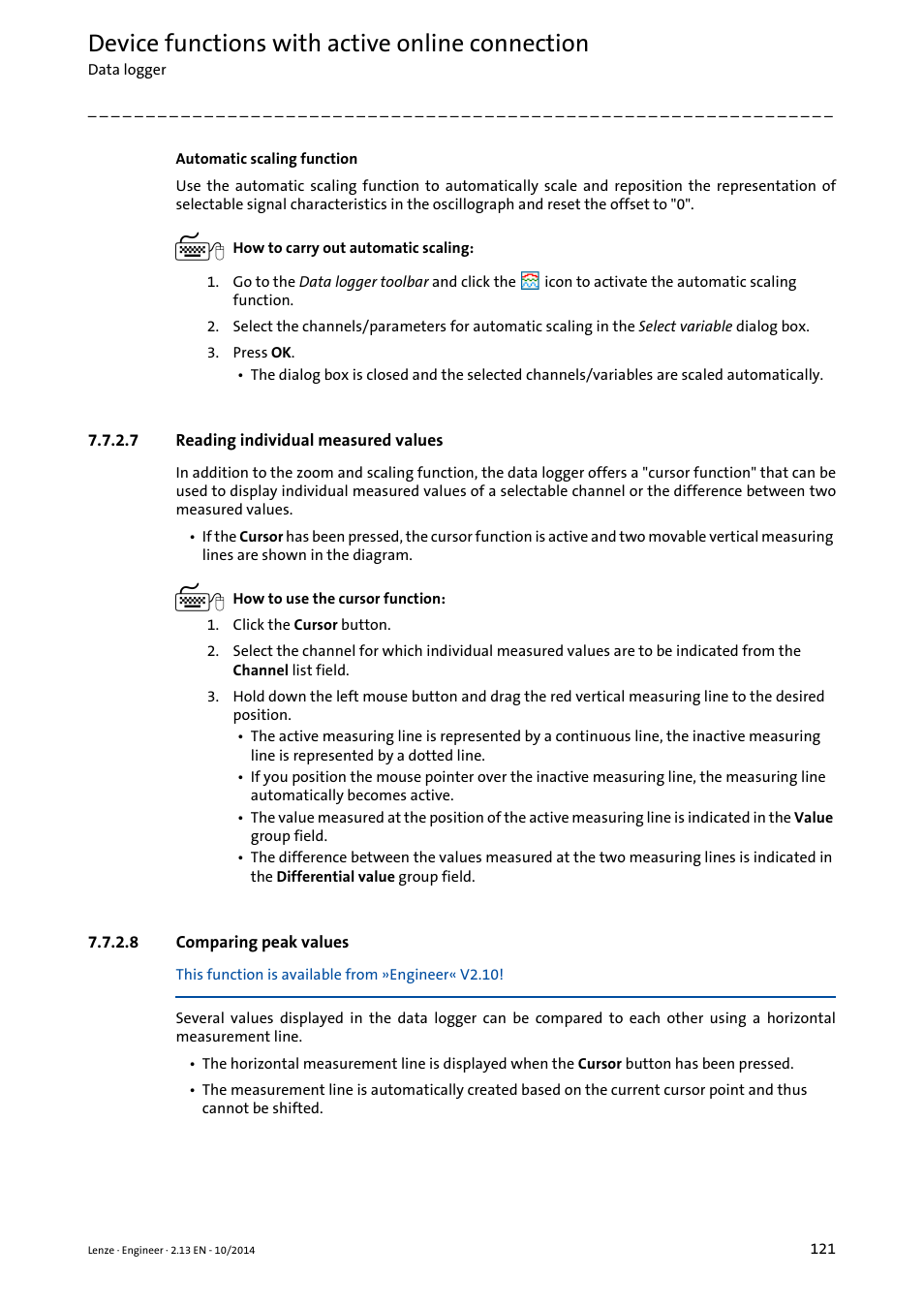 7 reading individual measured values, 8 comparing peak values, Reading individual measured values | Comparing peak values, Device functions with active online connection | Lenze Engineer v2.21 User Manual | Page 121 / 312