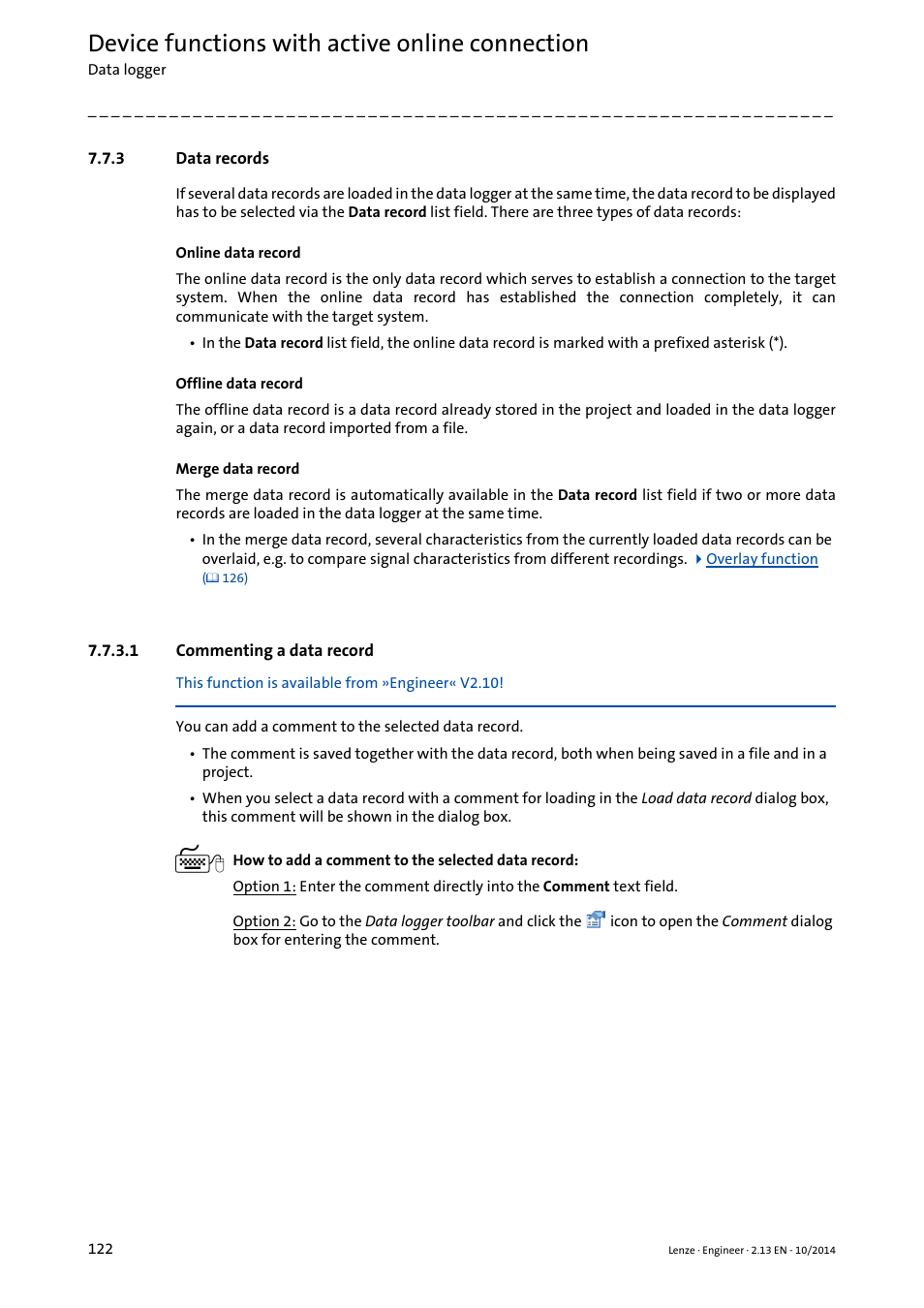 3 data records, 1 commenting a data record, Data records | Commenting a data record, Data record selection, Comment, Commenting a data record ( 122), Device functions with active online connection | Lenze Engineer v2.21 User Manual | Page 122 / 312