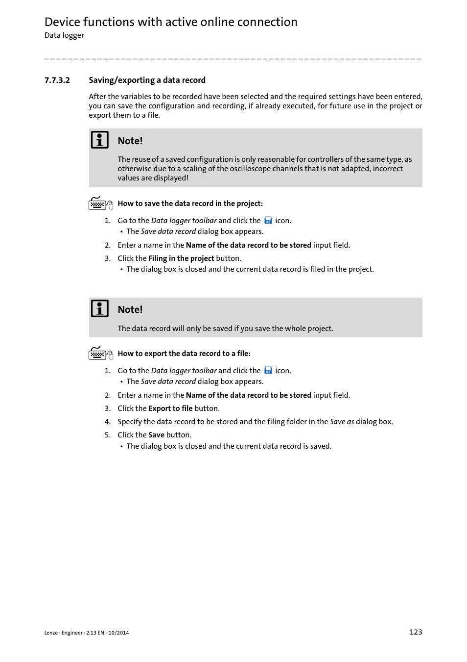 2 saving/exporting a data record, Saving/exporting a data record, Saving/exporting a data record ( 123) | Device functions with active online connection | Lenze Engineer v2.21 User Manual | Page 123 / 312