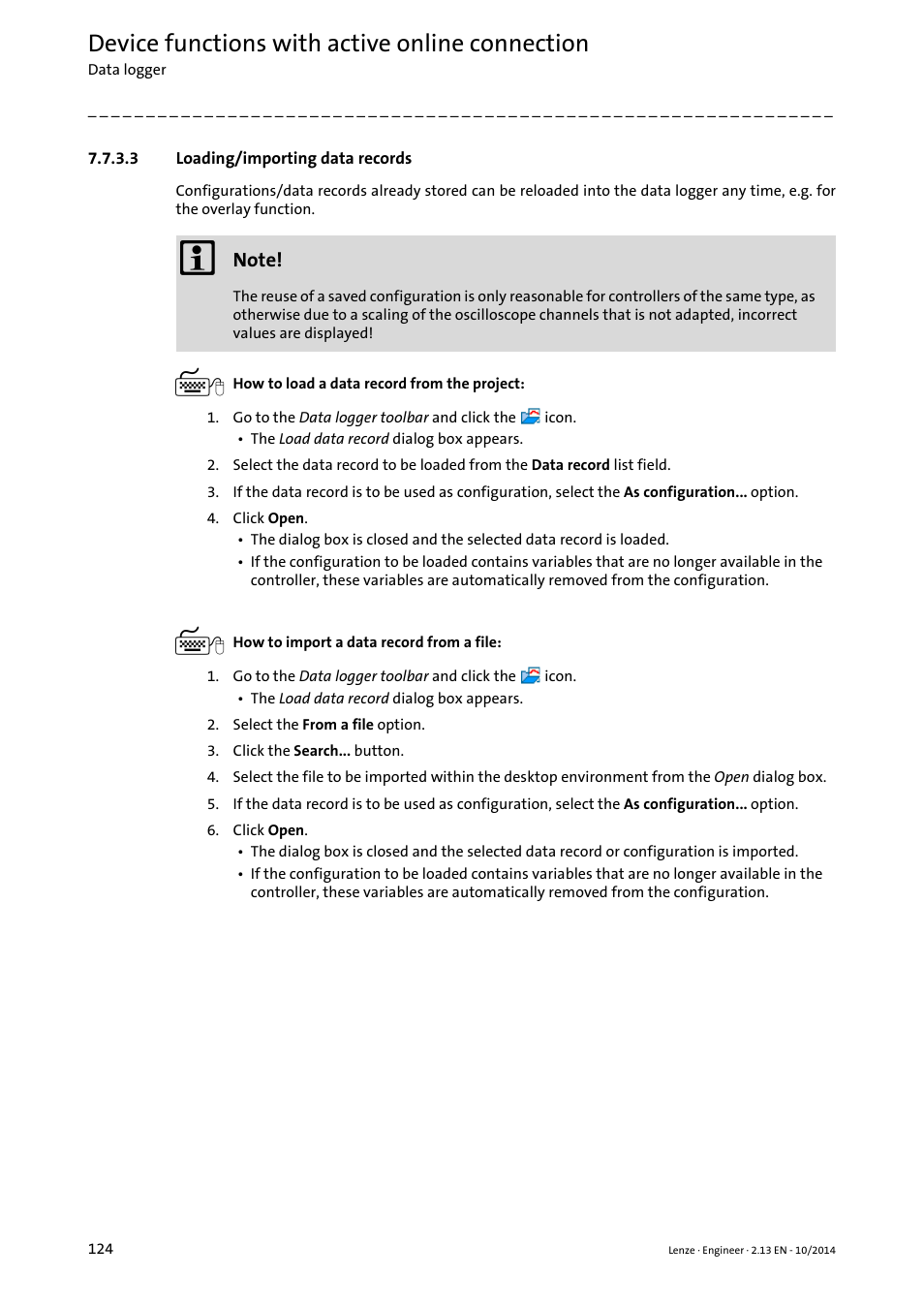 3 loading/importing data records, Loading/importing data records, Loading/importing data records ( 124) | Device functions with active online connection | Lenze Engineer v2.21 User Manual | Page 124 / 312