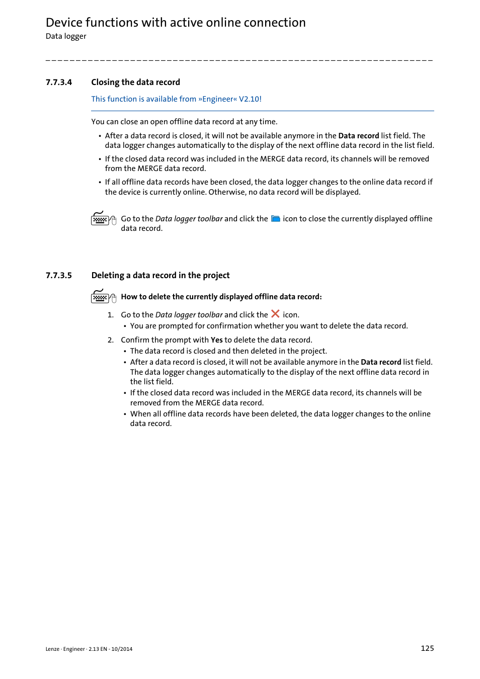 4 closing the data record, 5 deleting a data record in the project, Closing the data record | Deleting a data record in the project, Closing the data record ( 125), Deleting a data record in the project ( 125), Device functions with active online connection | Lenze Engineer v2.21 User Manual | Page 125 / 312