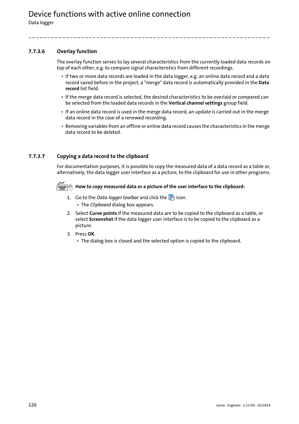 6 overlay function, 7 copying a data record to the clipboard, Overlay function | Copying a data record to the clipboard, Copying a data record to the clipboard ( 126), Device functions with active online connection | Lenze Engineer v2.21 User Manual | Page 126 / 312