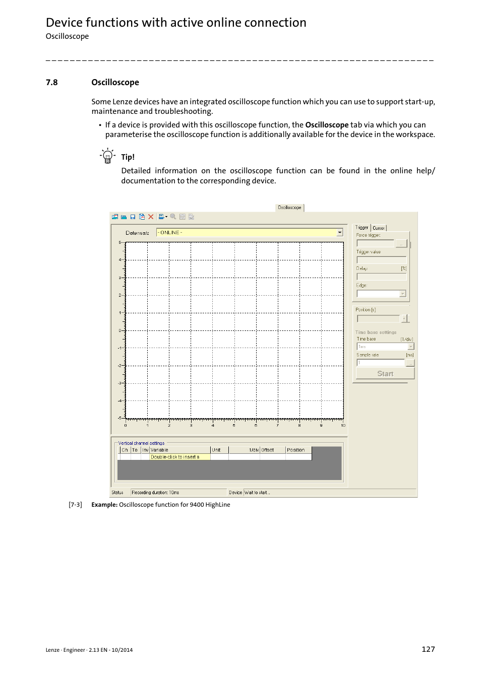 8 oscilloscope, Oscilloscope, Oscilloscope ( 127) | Device functions with active online connection | Lenze Engineer v2.21 User Manual | Page 127 / 312