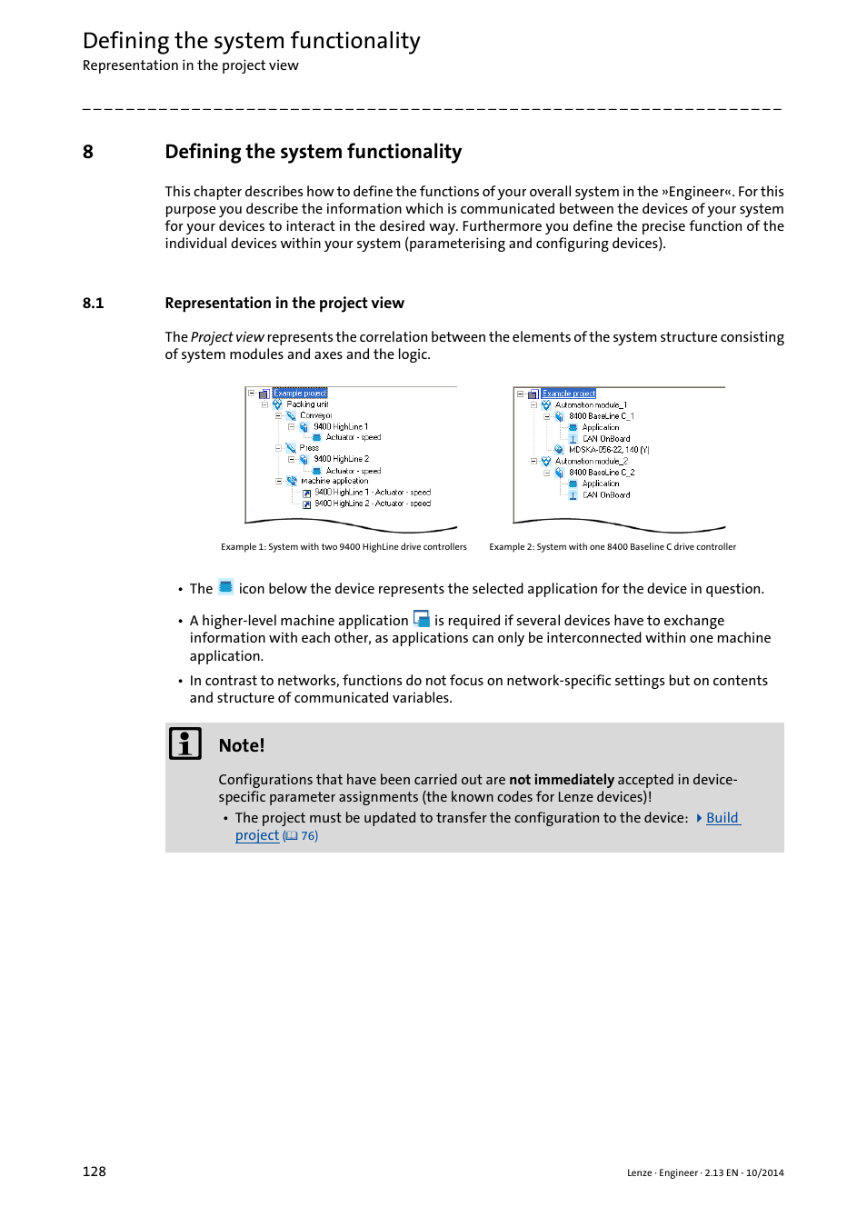 8 defining the system functionality, 1 representation in the project view, Defining the system functionality | Representation in the project view, 8defining the system functionality | Lenze Engineer v2.21 User Manual | Page 128 / 312