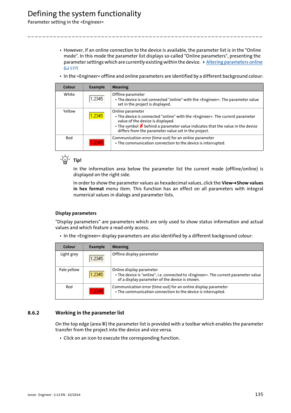 2 working in the parameter list, Working in the parameter list, Defining the system functionality | Lenze Engineer v2.21 User Manual | Page 135 / 312