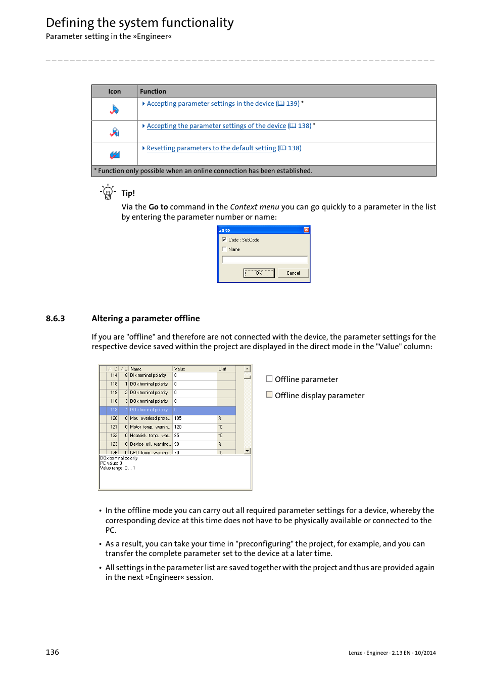 3 altering a parameter offline, Altering a parameter offline, Project | Defining the system functionality | Lenze Engineer v2.21 User Manual | Page 136 / 312