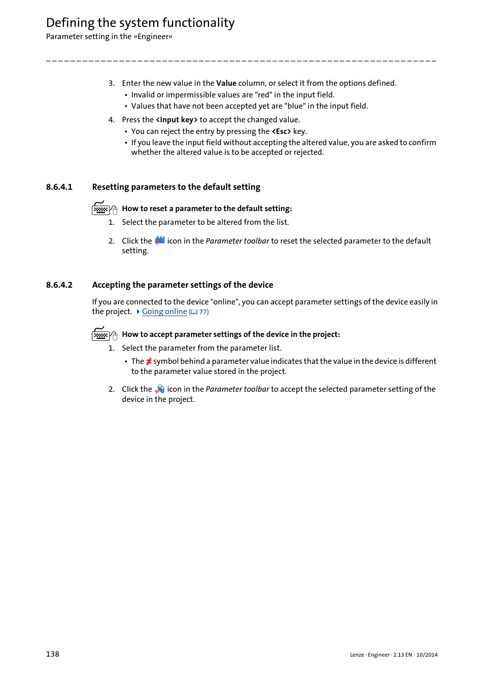 1 resetting parameters to the default setting, 2 accepting the parameter settings of the device, Resetting parameters to the default setting | Accepting the parameter settings of the device, Defining the system functionality | Lenze Engineer v2.21 User Manual | Page 138 / 312