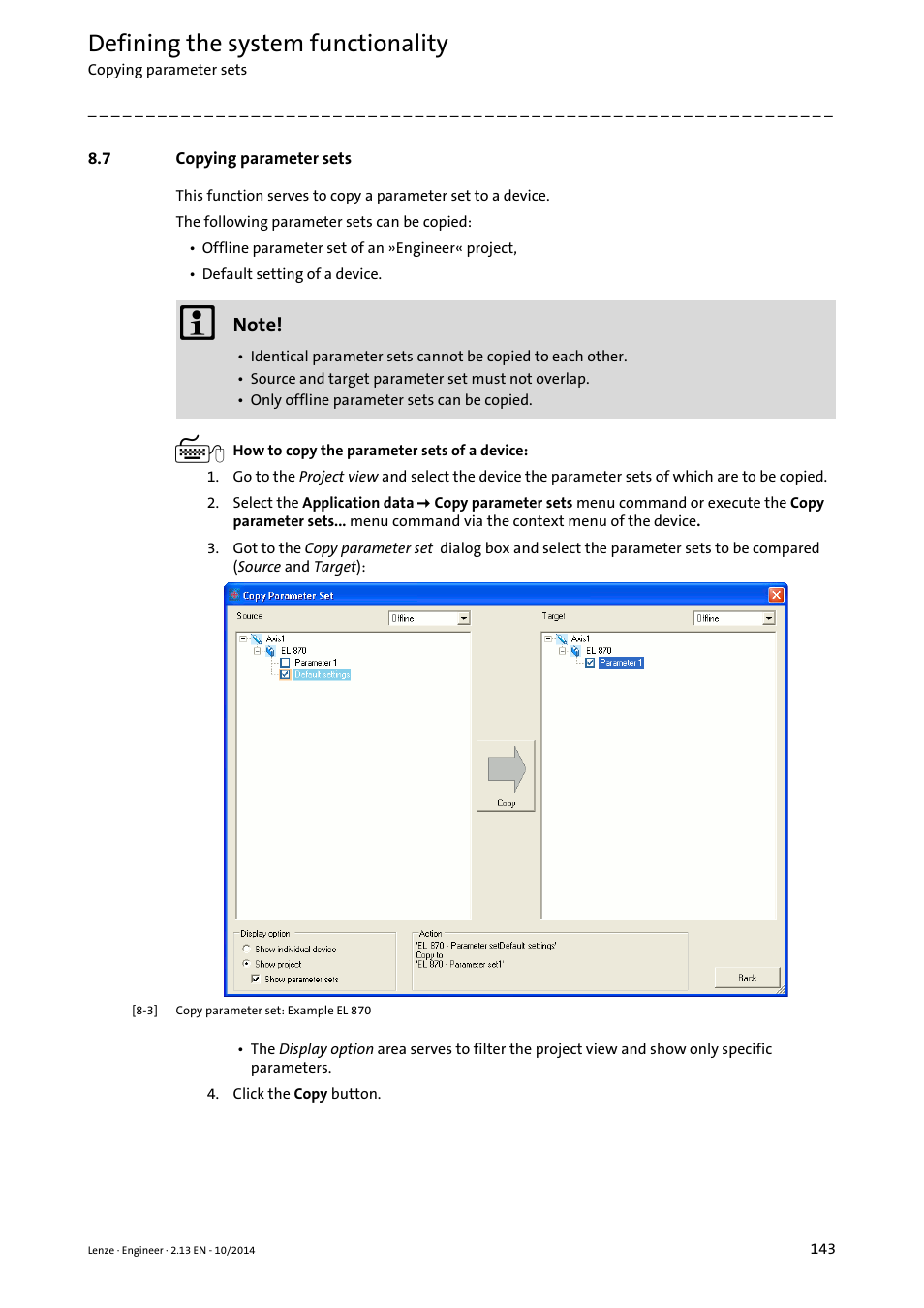 7 copying parameter sets, Copying parameter sets, Defining the system functionality | Lenze Engineer v2.21 User Manual | Page 143 / 312