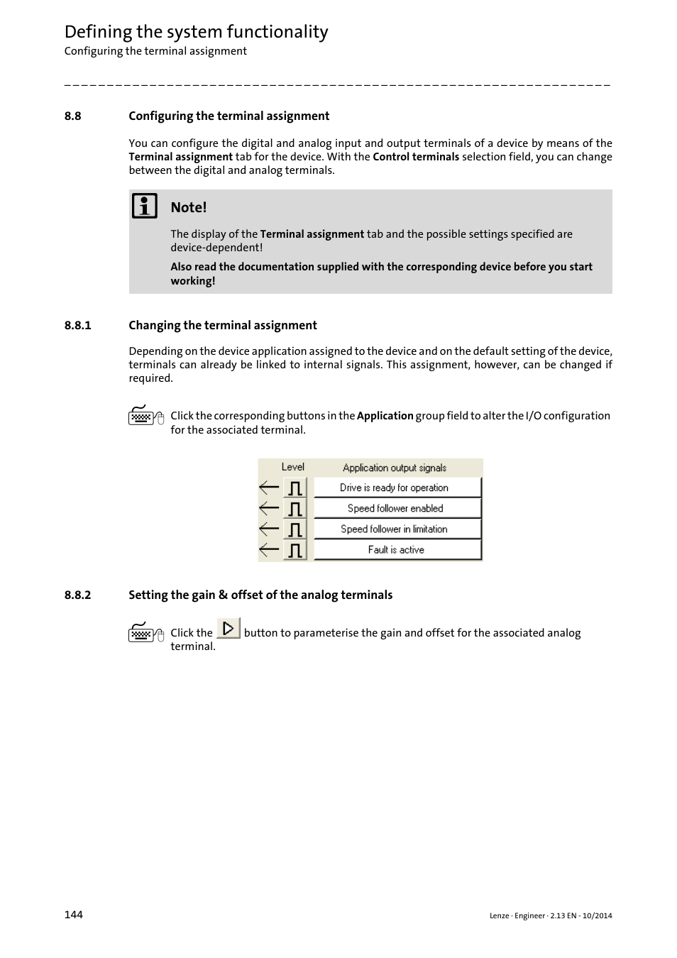 8 configuring the terminal assignment, 1 changing the terminal assignment, Configuring the terminal assignment | Changing the terminal assignment, Setting the gain & offset of the analog terminals, Configuring the terminal assignment ( 144), Defining the system functionality | Lenze Engineer v2.21 User Manual | Page 144 / 312