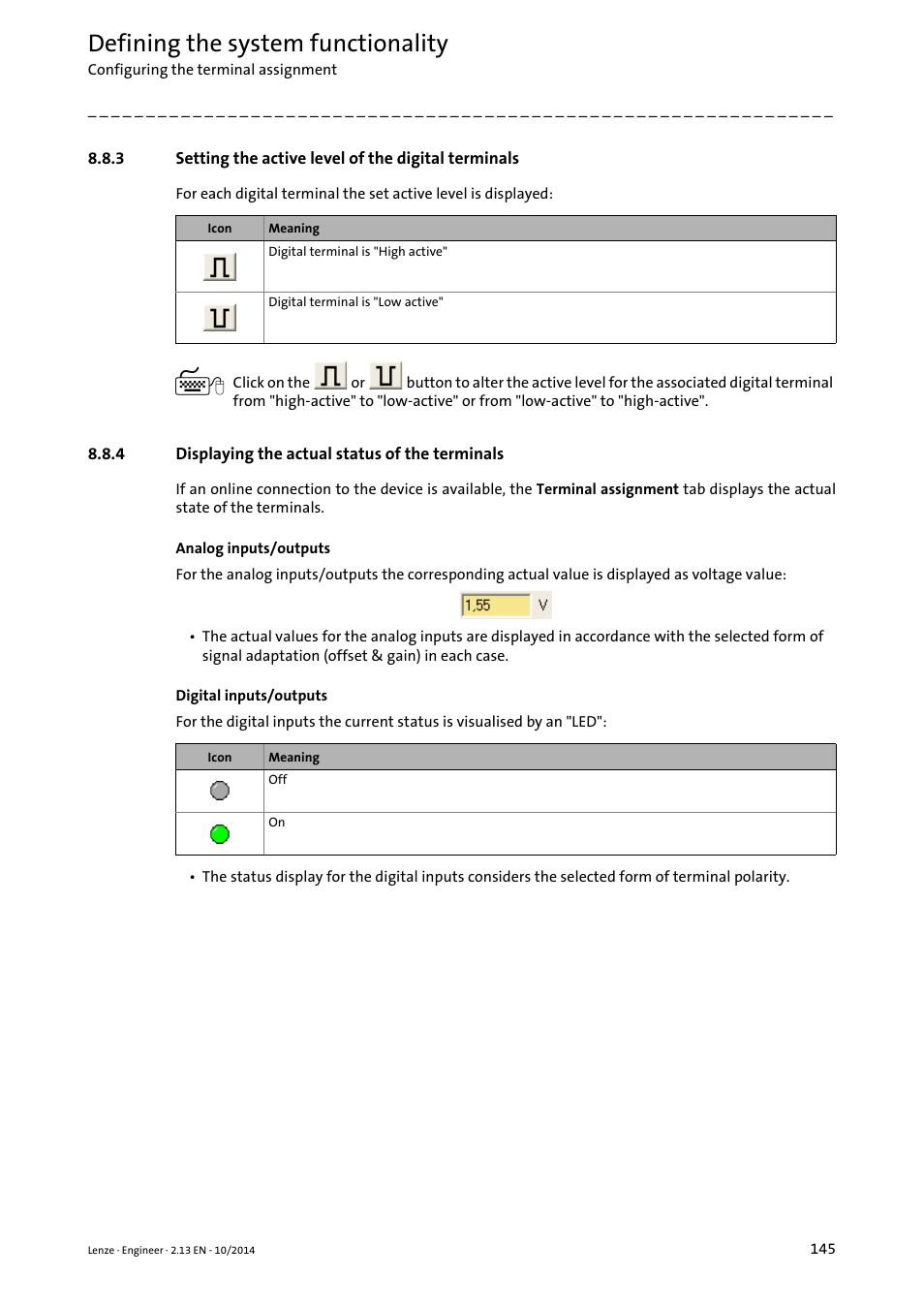 4 displaying the actual status of the terminals, Setting the active level of the digital terminals, Displaying the actual status of the terminals | Defining the system functionality | Lenze Engineer v2.21 User Manual | Page 145 / 312