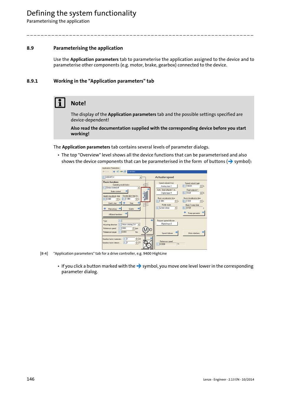 9 parameterising the application, 1 working in the "application parameters" tab, Parameterising the application | Working in the "application parameters" tab, Parameterising the application ( 146), Defining the system functionality | Lenze Engineer v2.21 User Manual | Page 146 / 312