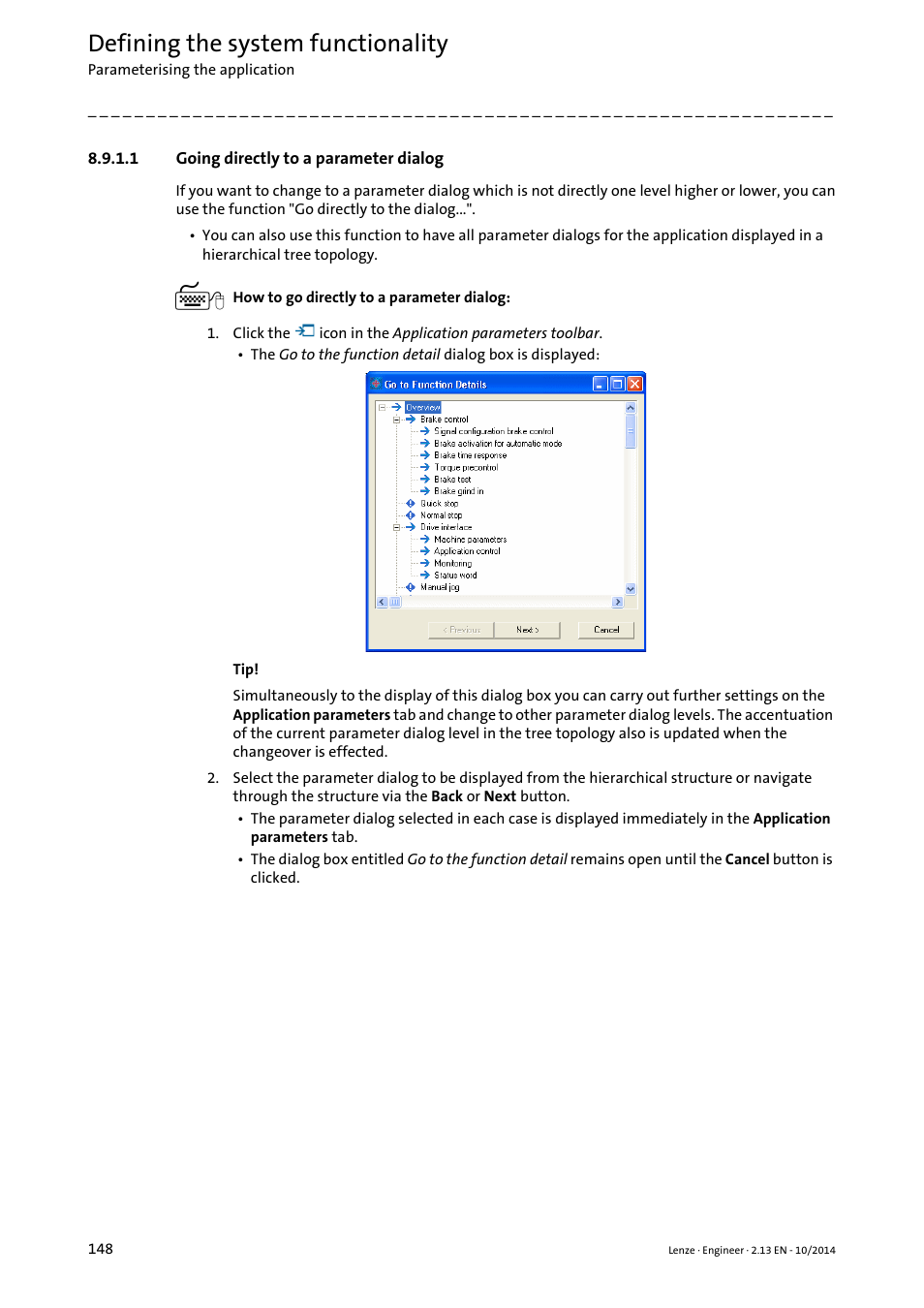 1 going directly to a parameter dialog, Going directly to a parameter dialog, Defining the system functionality | Lenze Engineer v2.21 User Manual | Page 148 / 312
