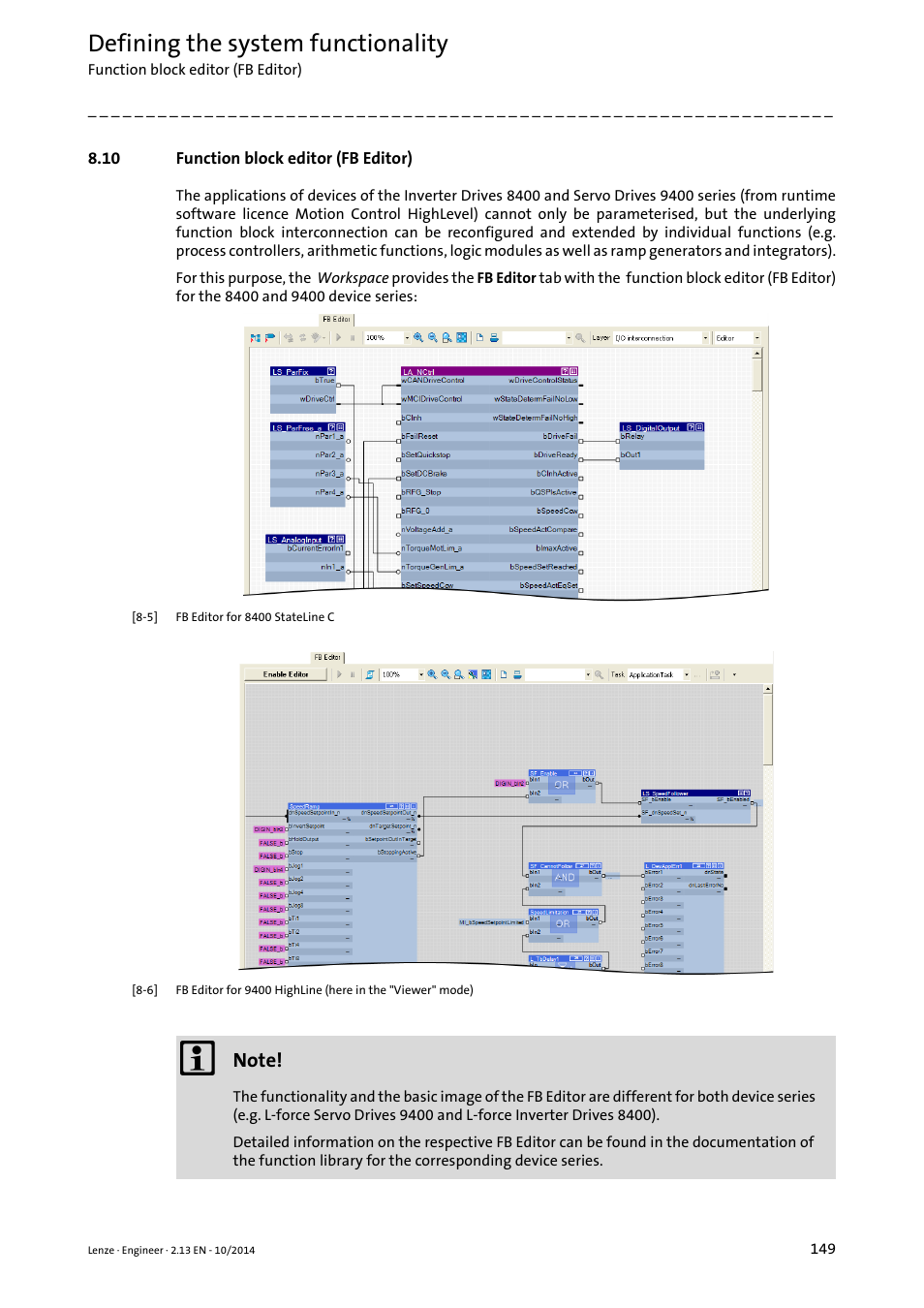 10 function block editor (fb editor), Function block editor (fb editor) ( 149), Defining the system functionality | Lenze Engineer v2.21 User Manual | Page 149 / 312