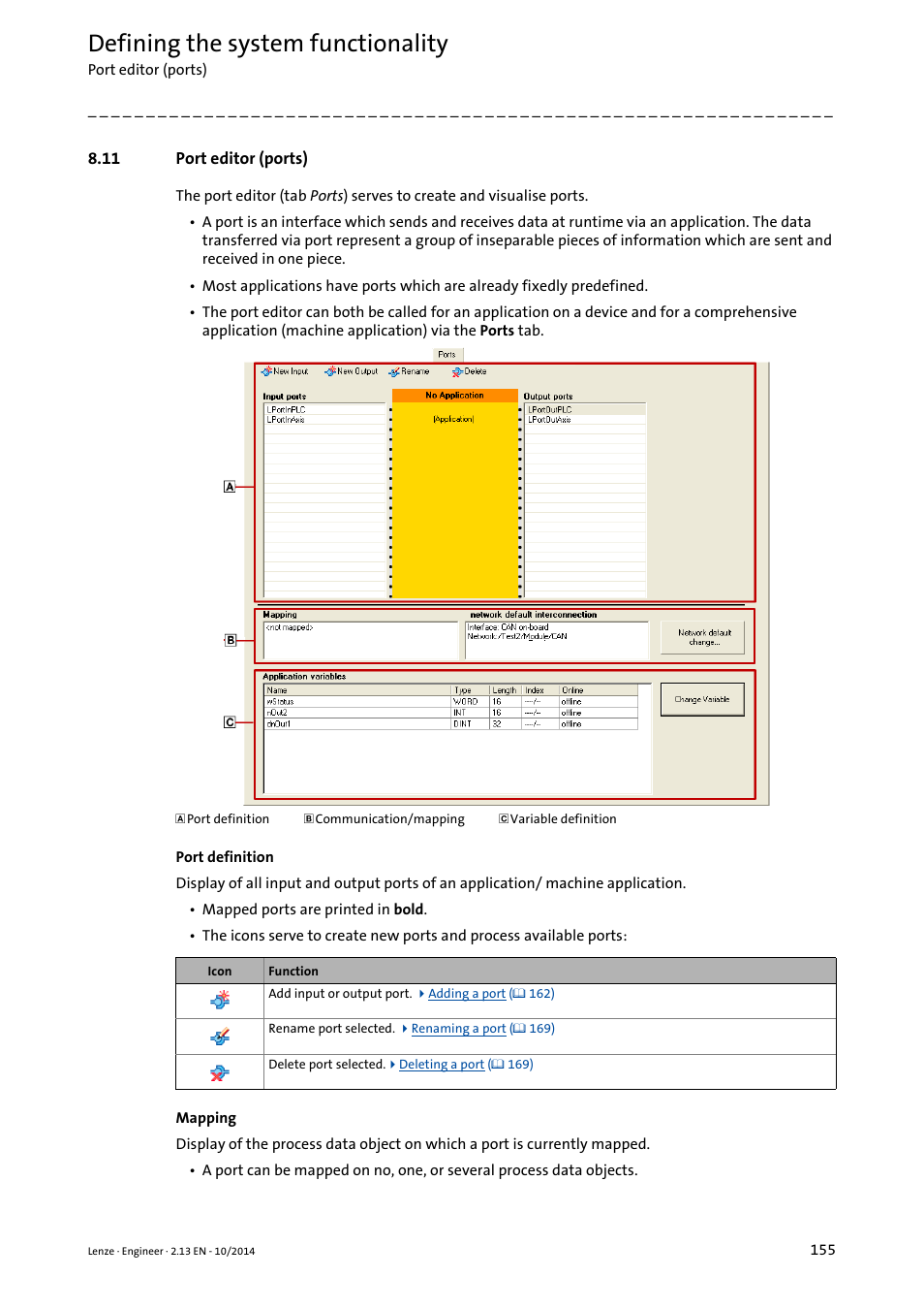11 port editor (ports), Port editor (ports) ( 155), Defining the system functionality | Lenze Engineer v2.21 User Manual | Page 155 / 312