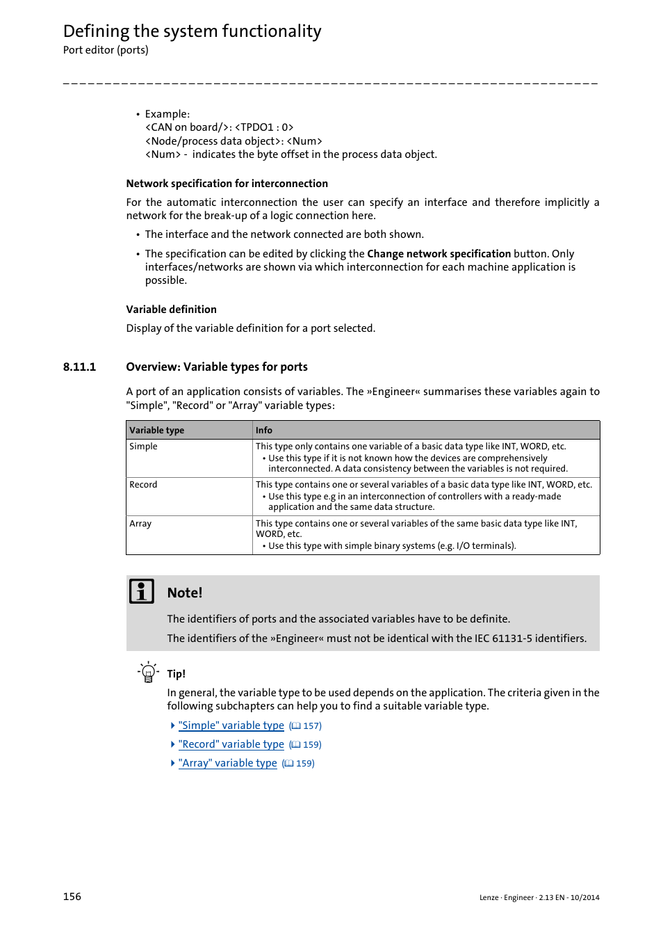 1 overview: variable types for ports, Defining the system functionality | Lenze Engineer v2.21 User Manual | Page 156 / 312