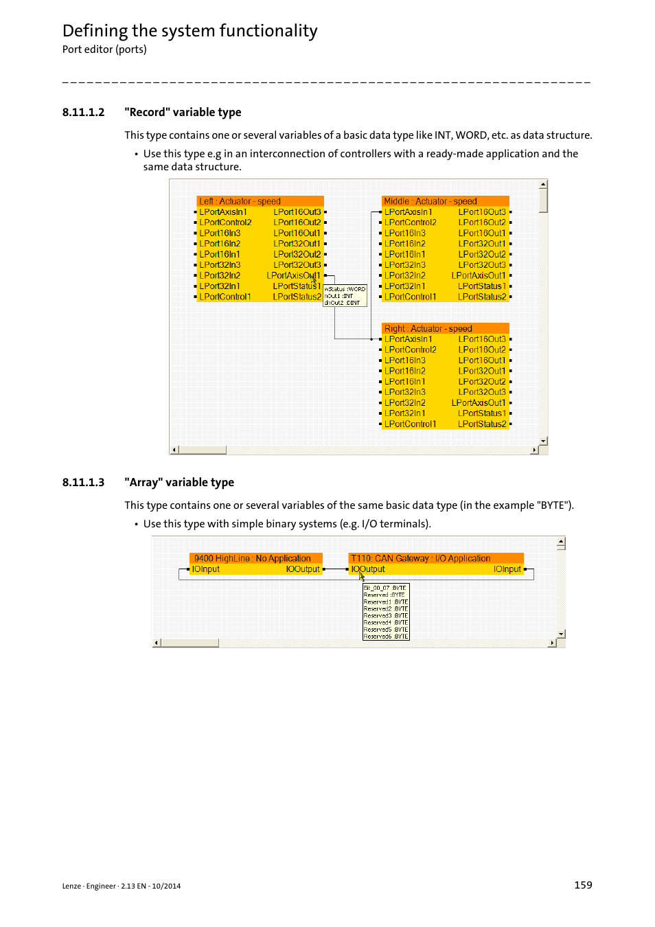 2 "record" variable type, 3 "array" variable type, Record" variable type | Array" variable type, Defining the system functionality | Lenze Engineer v2.21 User Manual | Page 159 / 312