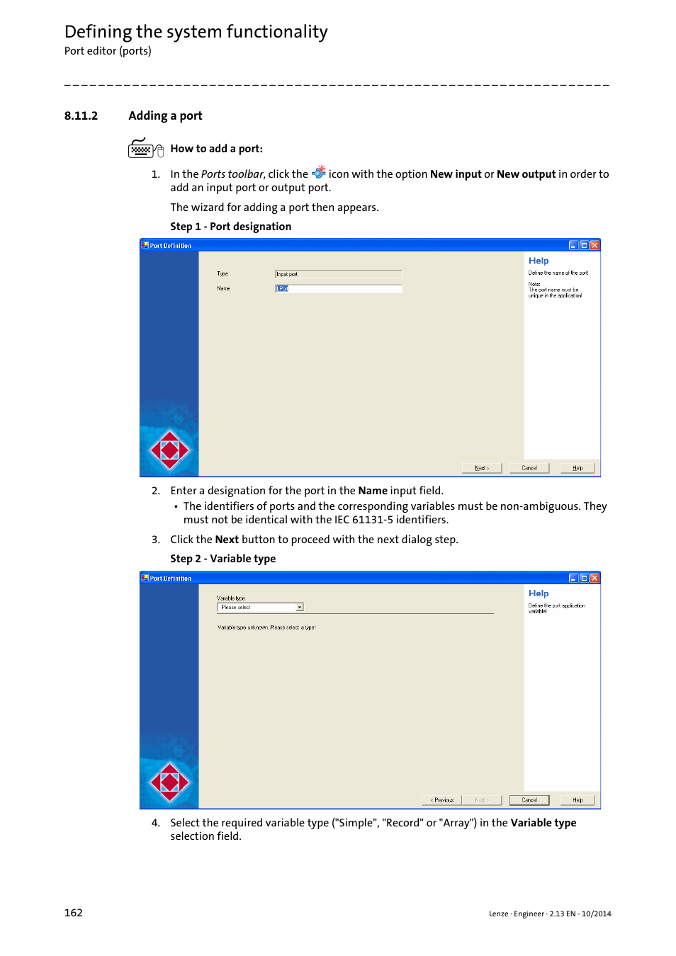 2 adding a port, Adding a port ( 162), Defining the system functionality | Lenze Engineer v2.21 User Manual | Page 162 / 312