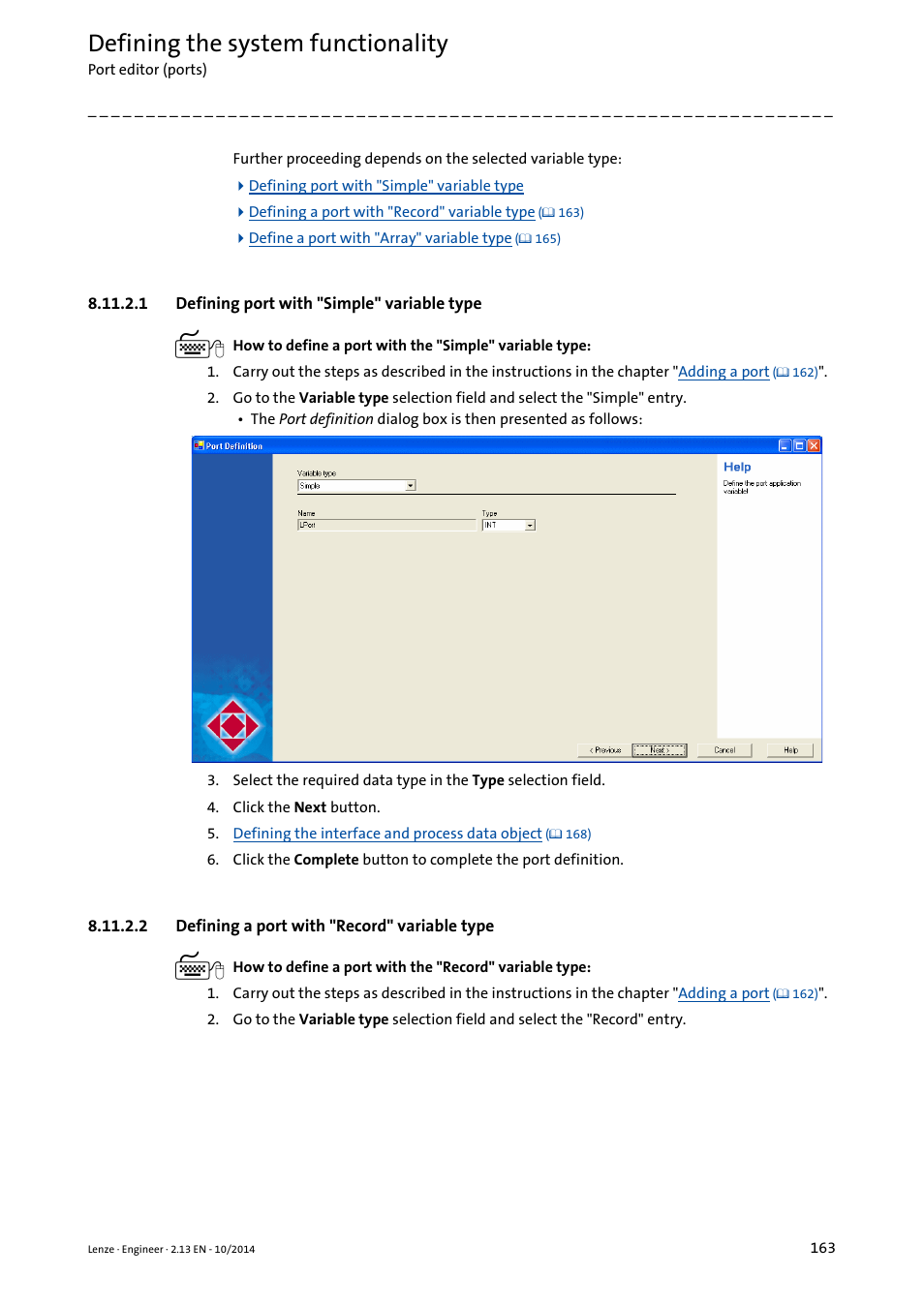 1 defining port with "simple" variable type, 2 defining a port with "record" variable type, Defining port with "simple" variable type | Defining a port with "record" variable type, Defining the system functionality | Lenze Engineer v2.21 User Manual | Page 163 / 312