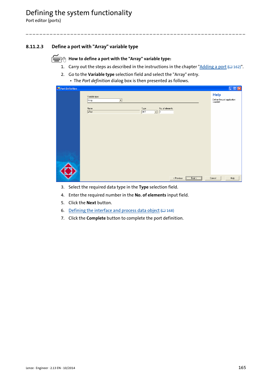 3 define a port with "array" variable type, Define a port with "array" variable type, Defining the system functionality | Lenze Engineer v2.21 User Manual | Page 165 / 312